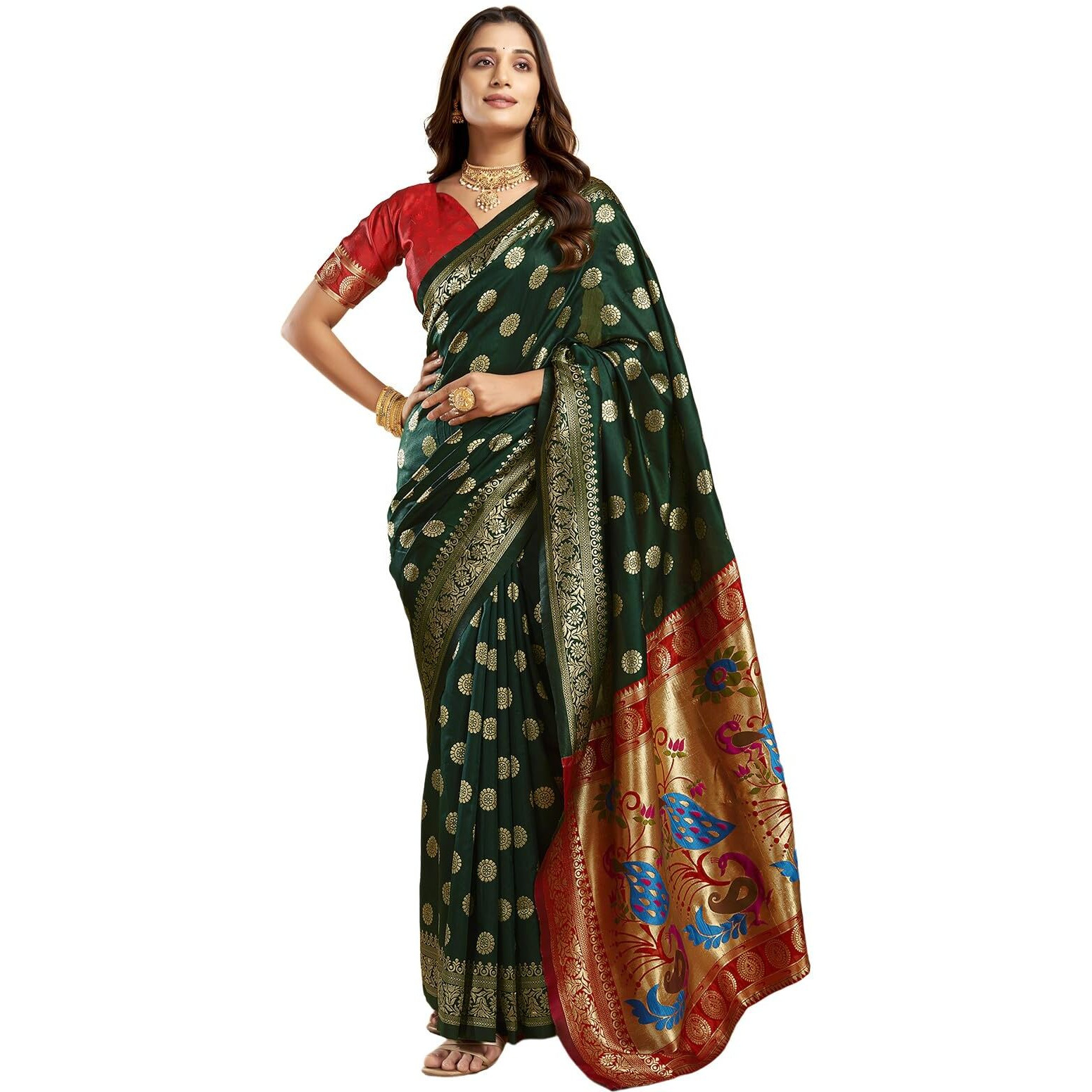 SWARON Women's Silk Blend Paithani Jacquard Work Saree with Unstitched Blouse Piece (3805S524NW_Dark Green & Red1)