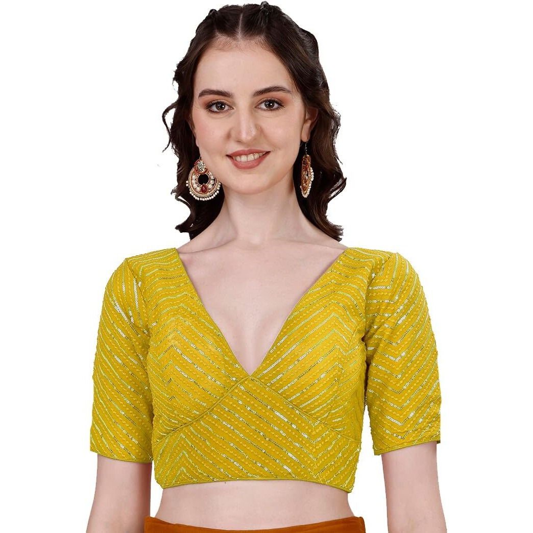 Sumaira Tex Womens Fancy Readymade Half Sleeve Sequins Saree Blouse(Sequins Butti Yellow_38)