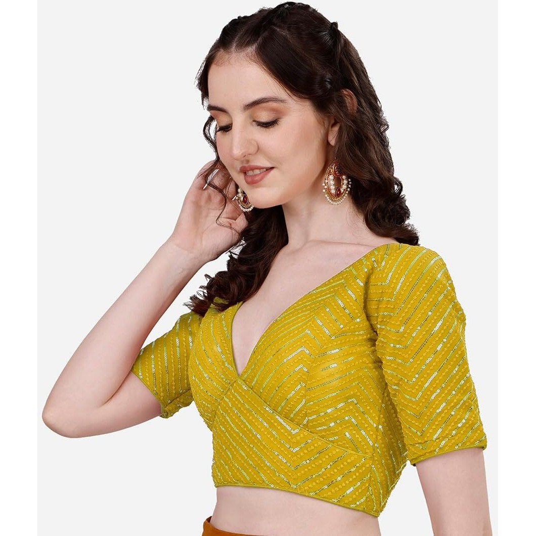 Sumaira Tex Womens Fancy Readymade Half Sleeve Sequins Saree Blouse(Sequins Butti Yellow_38)