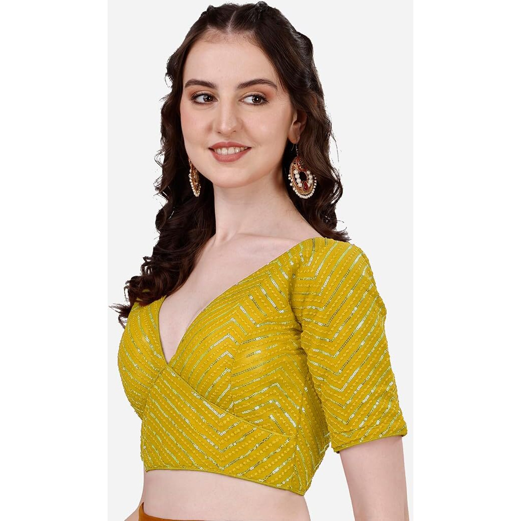 Sumaira Tex Womens Fancy Readymade Half Sleeve Sequins Saree Blouse(Sequins Butti Yellow_38)