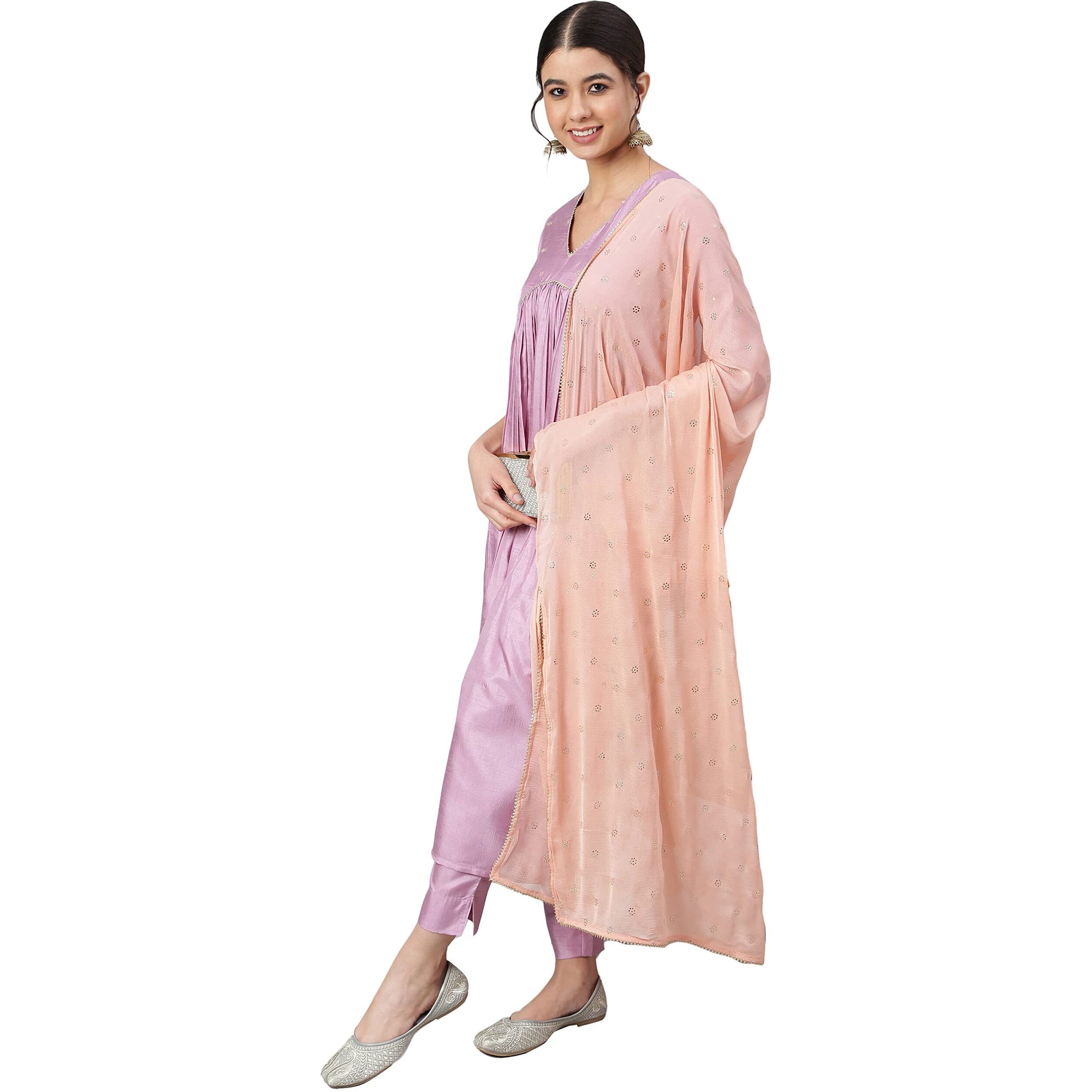 Janasya Women's Mauve Poly Silk Solid Kurta with Pant and Dupatta