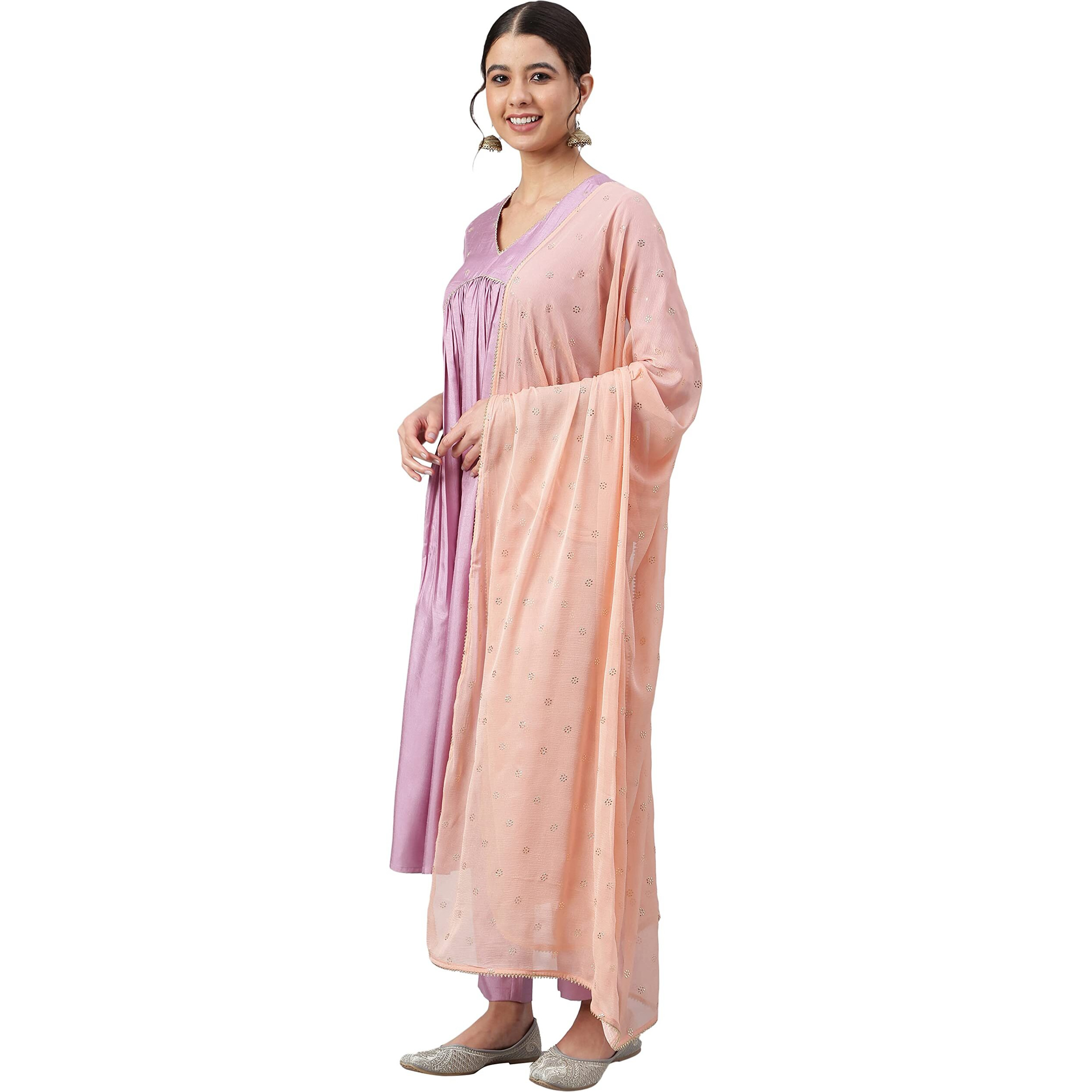 Janasya Women's Mauve Poly Silk Solid Kurta with Pant and Dupatta