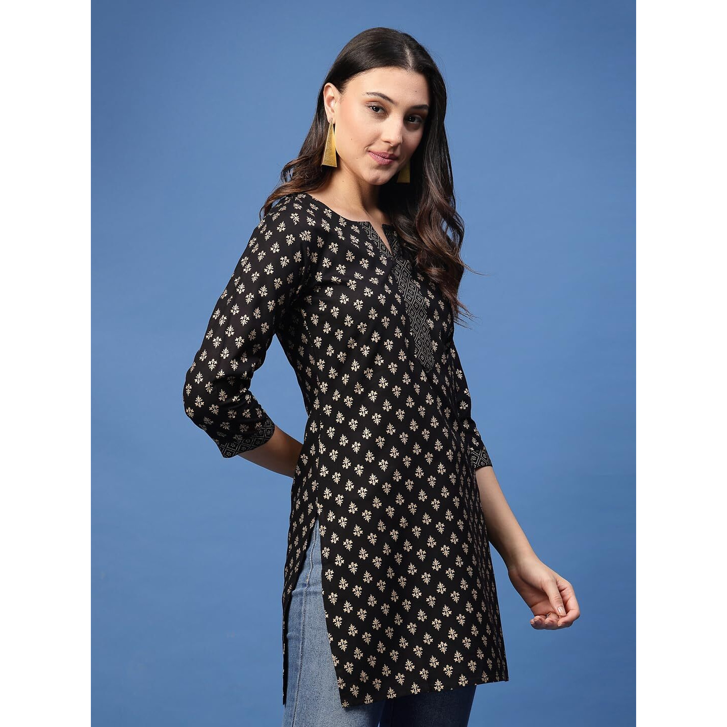 Daevish New Rayon Ethnic Motifs Printed Short Kurti for Women & Girl's | Women Office Wear Kurti Black