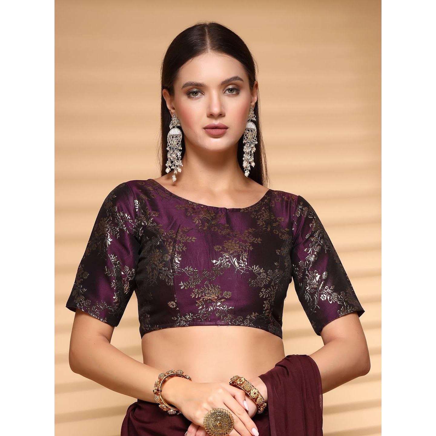 OOMPH Readymade Blouse for Women, Brocade, Boat Neck, rbbl514