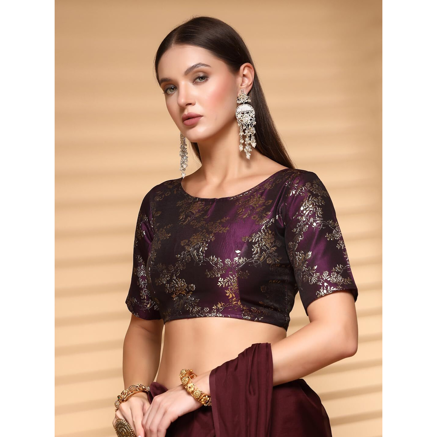 OOMPH Readymade Blouse for Women, Brocade, Boat Neck, rbbl514