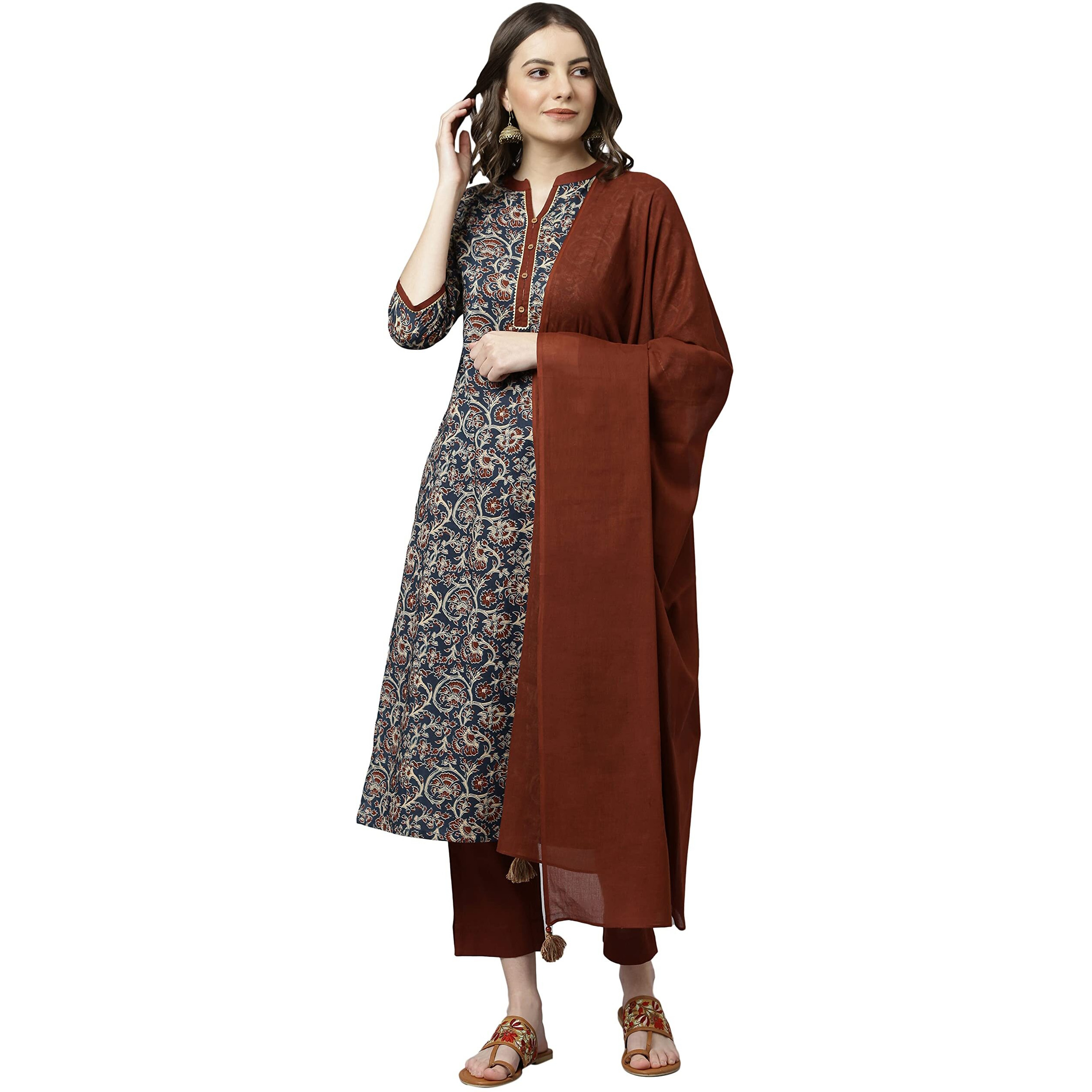 Janasya Women's Teal Teal Blue Cotton Floral Print Kurta with Pant and Dupatta(SET397-KR-NP-J-XXXL)