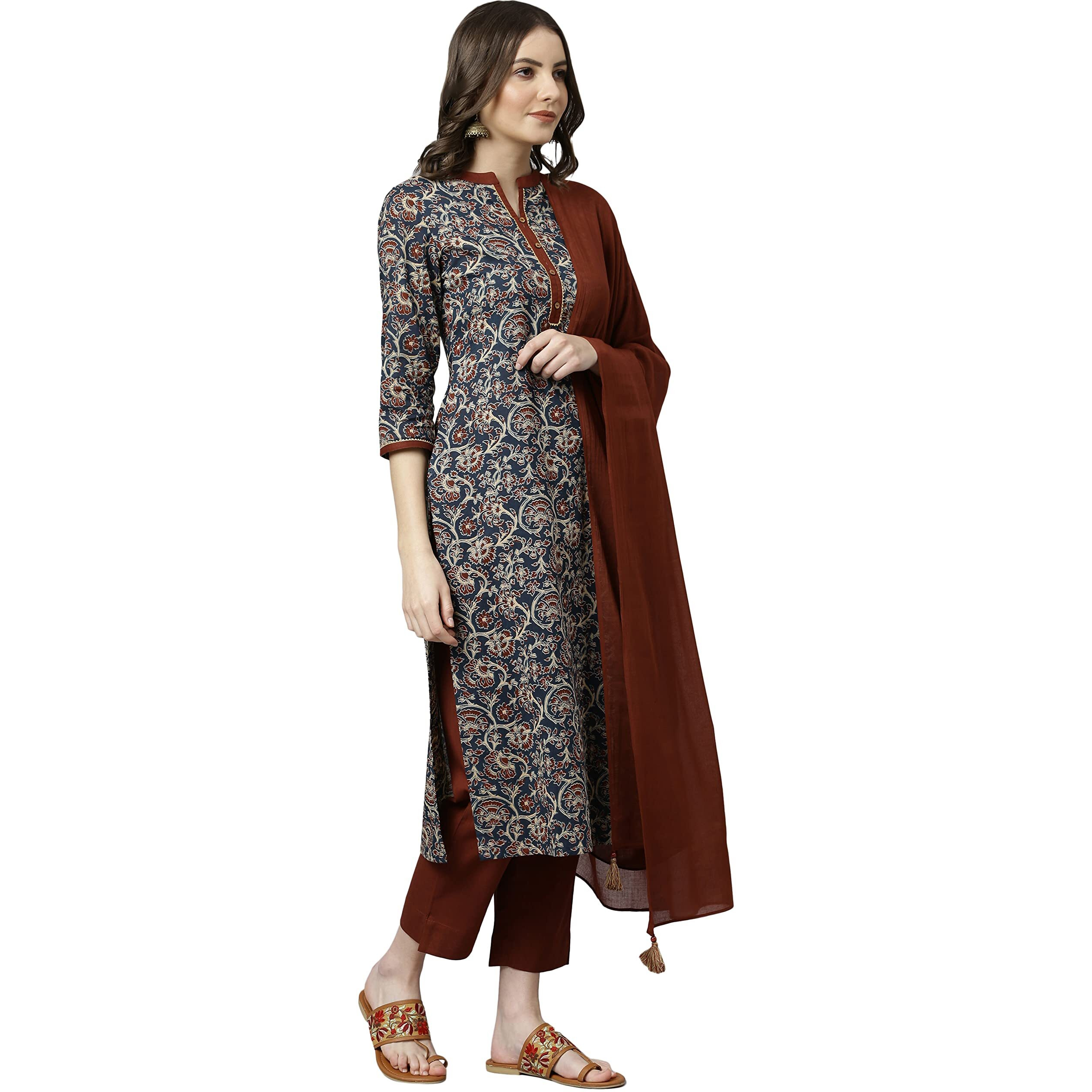 Janasya Women's Teal Teal Blue Cotton Floral Print Kurta with Pant and Dupatta(SET397-KR-NP-J-XXXL)