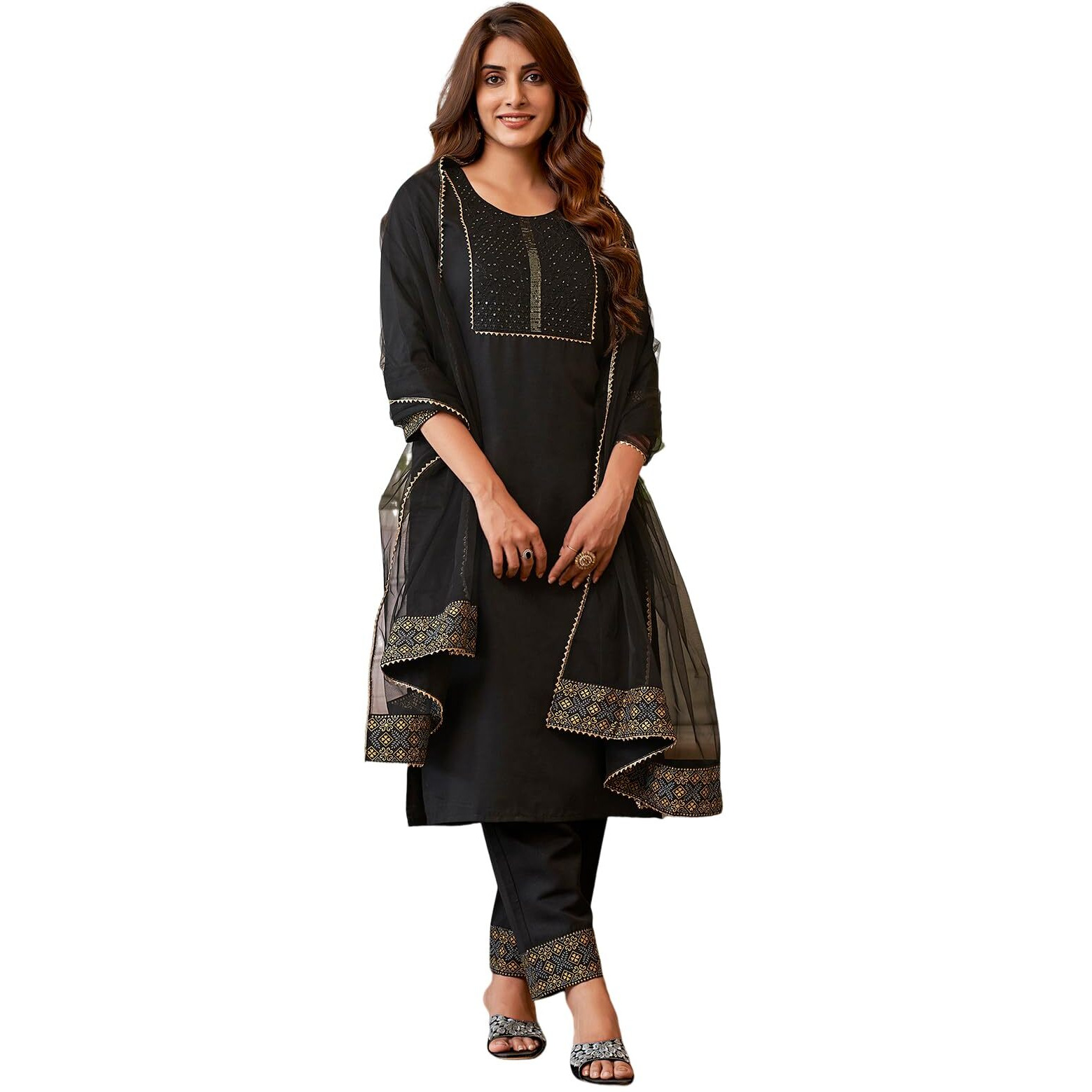 Sanisa Women's Cotton Blend Sequence Embroidery Foil Printed Lace Straigth Kurta with Pant and Dupatta Set| Ethnic Set | Suit Set | Kurta Set(206KBD2181N-XL_Black3)