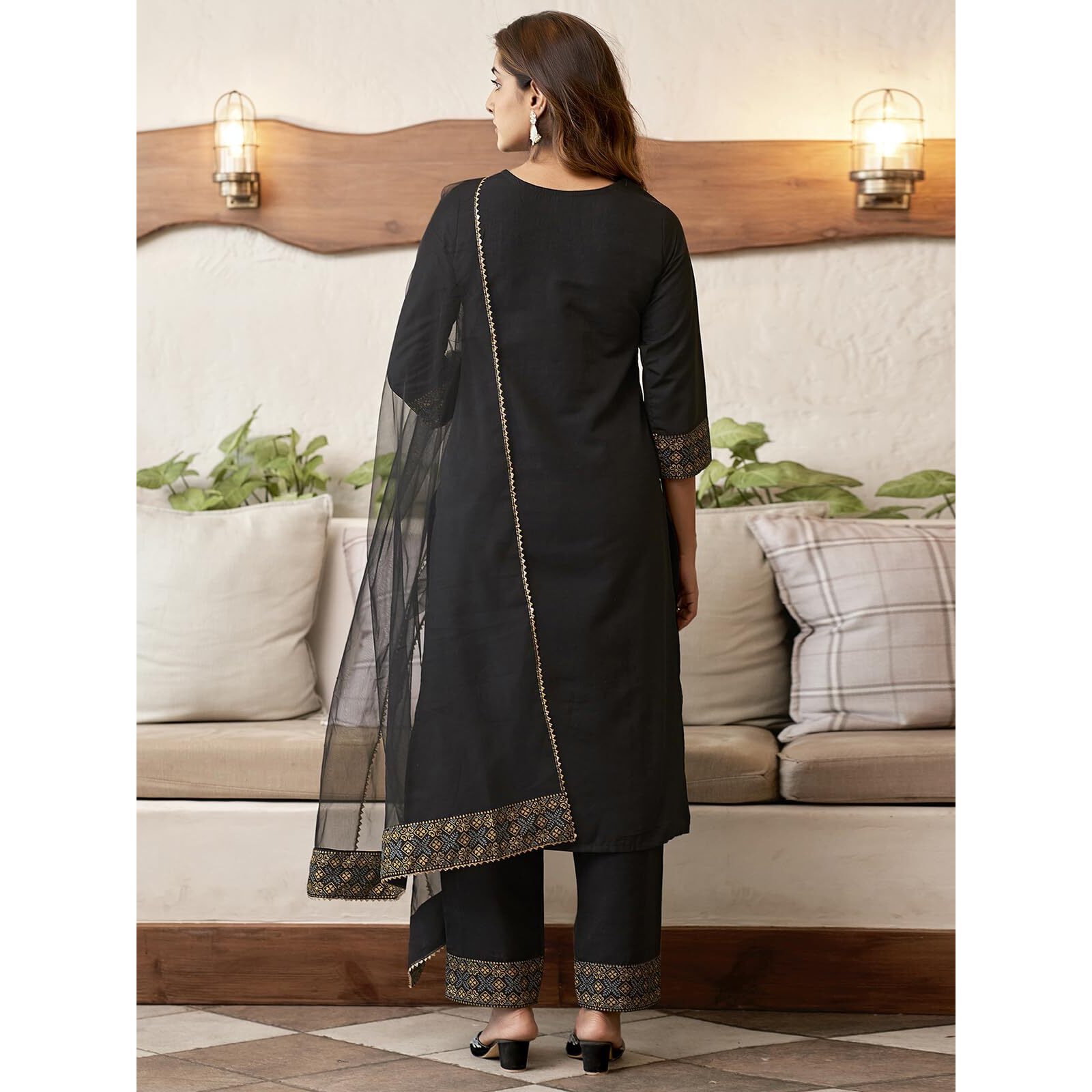Sanisa Women's Cotton Blend Sequence Embroidery Foil Printed Lace Straigth Kurta with Pant and Dupatta Set| Ethnic Set | Suit Set | Kurta Set(206KBD2181N-XL_Black3)
