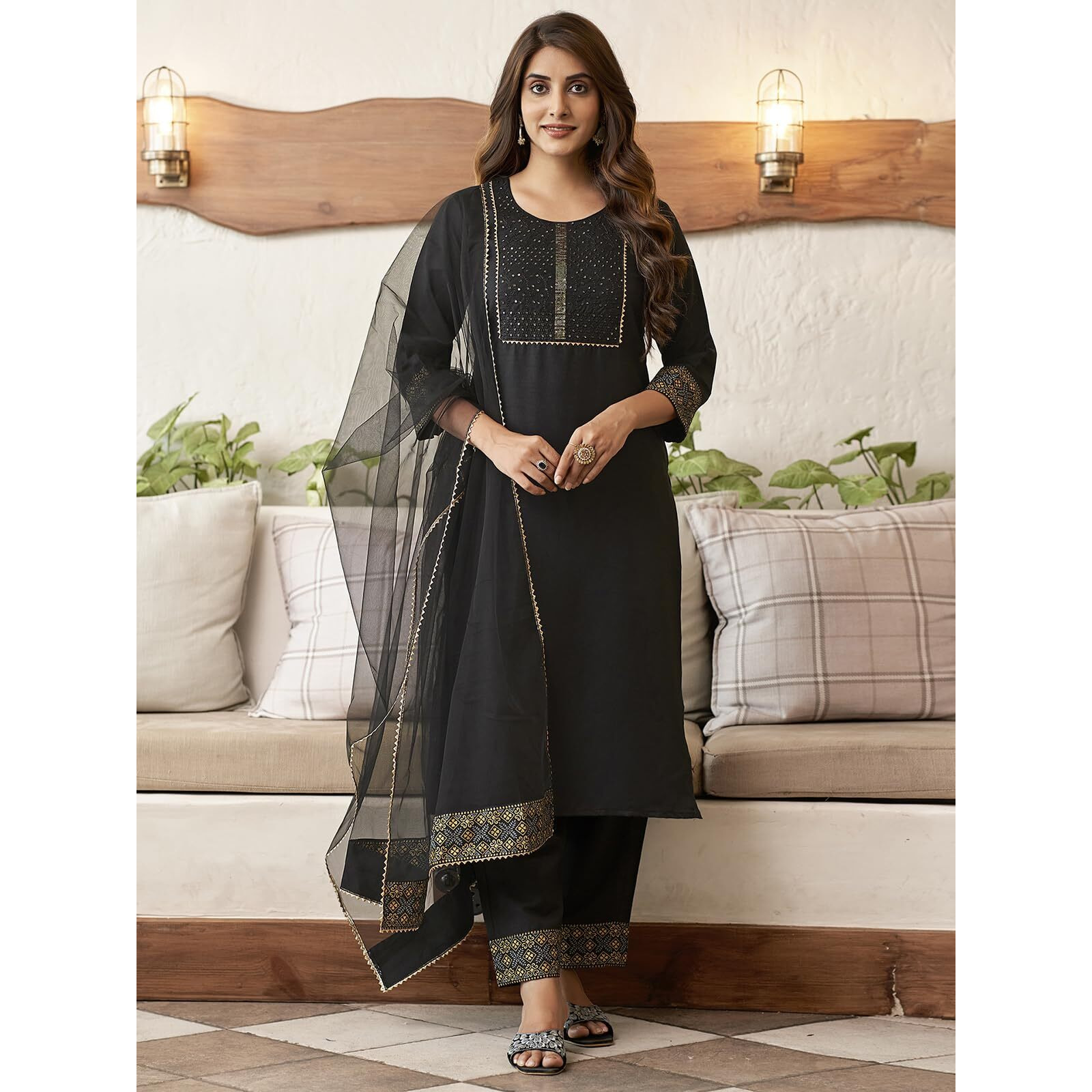 Sanisa Women's Cotton Blend Sequence Embroidery Foil Printed Lace Straigth Kurta with Pant and Dupatta Set| Ethnic Set | Suit Set | Kurta Set(206KBD2181N-XL_Black3)