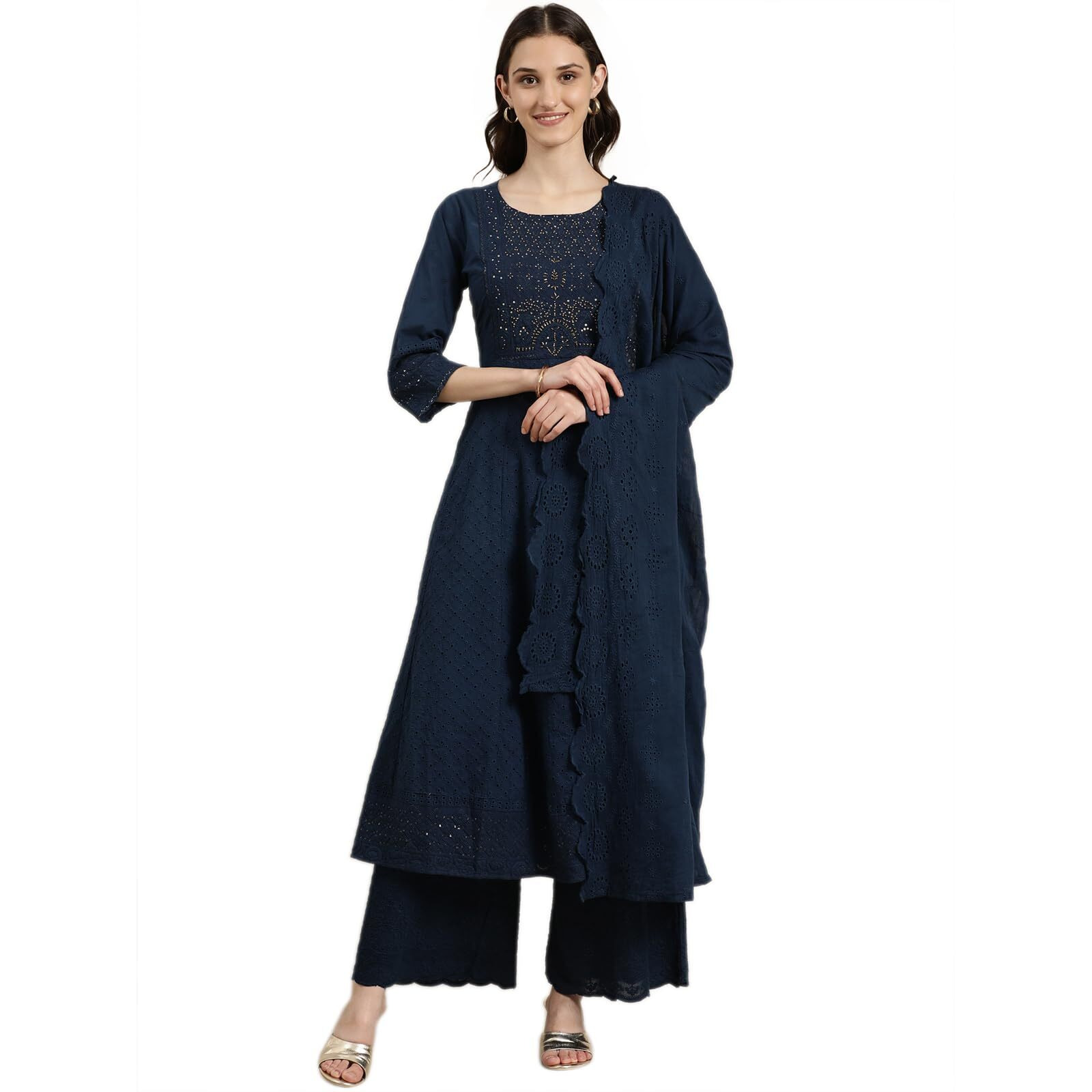 SHOWOFF Women's Round Neck Solid Calf Length Empire Navy Blue Anarkali Kurta Set-GW-2997_NavyBlue_L