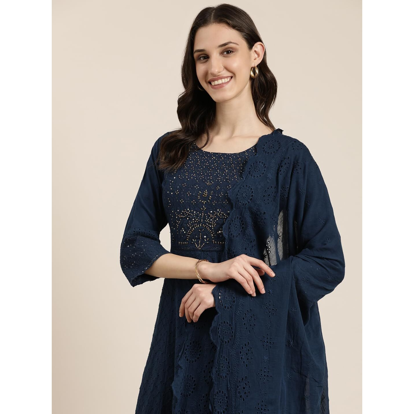 SHOWOFF Women's Round Neck Solid Calf Length Empire Navy Blue Anarkali Kurta Set-GW-2997_NavyBlue_L
