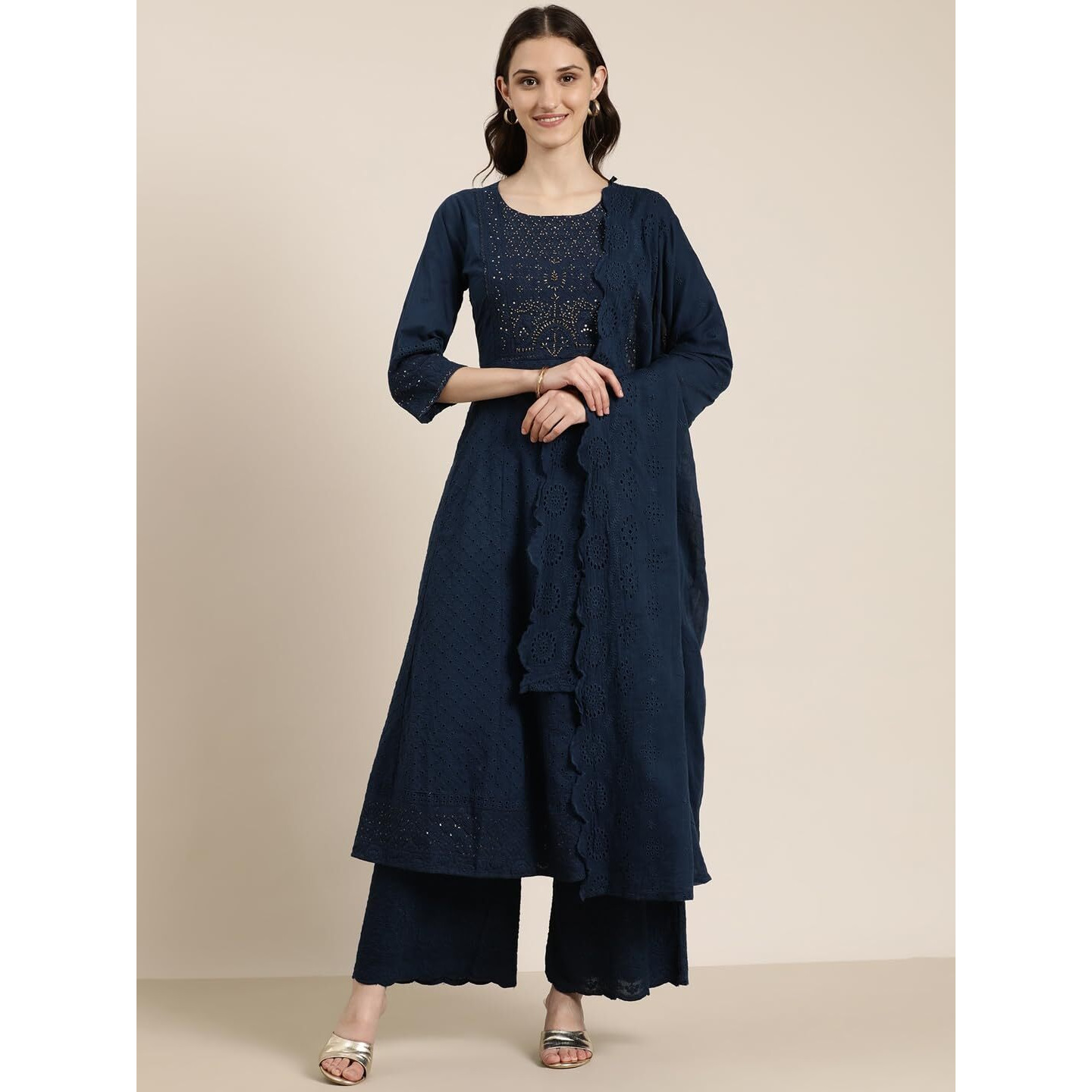SHOWOFF Women's Round Neck Solid Calf Length Empire Navy Blue Anarkali Kurta Set-GW-2997_NavyBlue_L