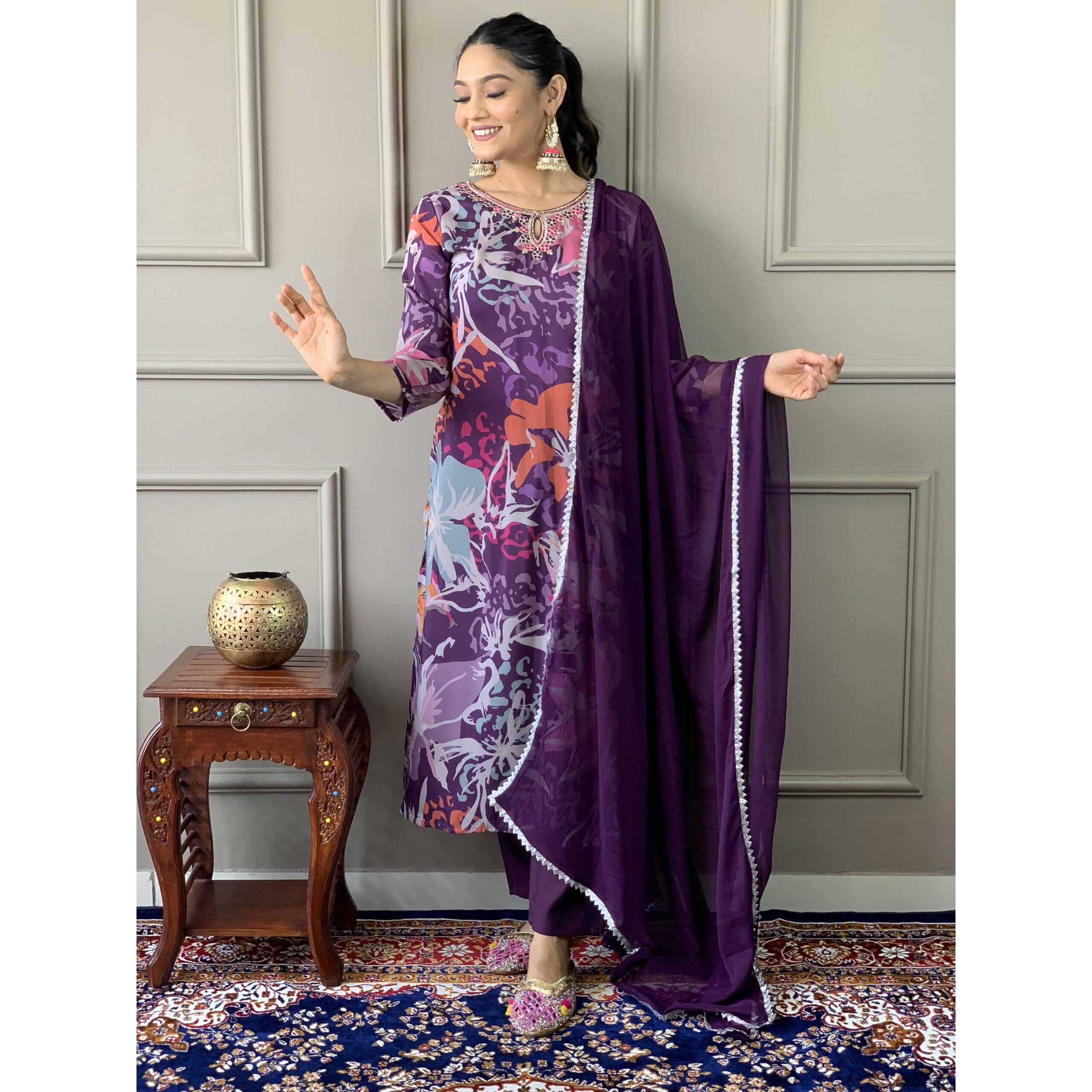 Women's Wine Muslin Embroidered and Printed Straight Kurta with Chanderi Pant and Nazneen Dyed Dupatta Sets (NX-OR-K1-Wine-XL)