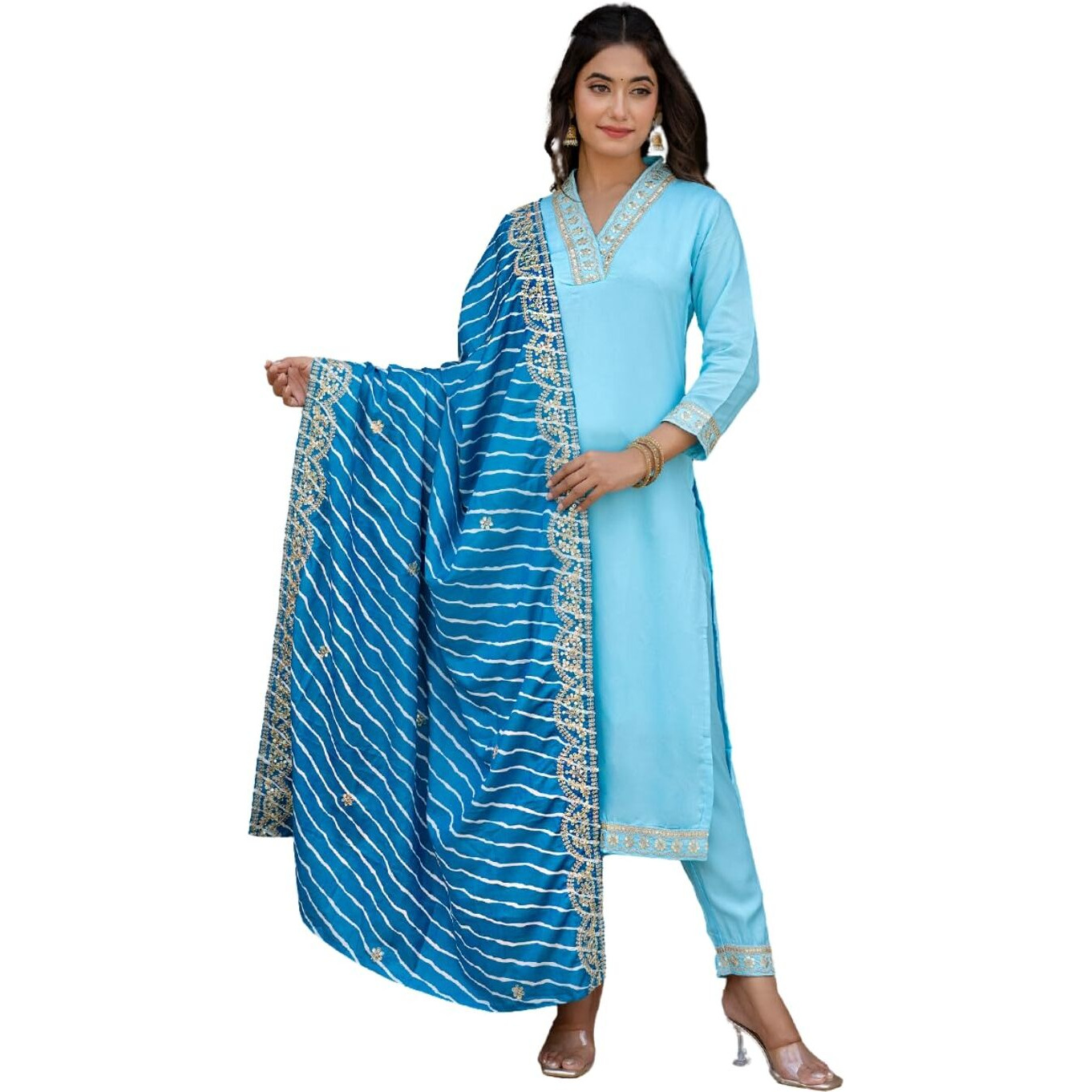 Navlik Women's Sky Viscose Embroidered Straight Kurta with BSY Viscose Pant and Silk Blend Laced Dupatta Sets (NK2-450-Sky-S)