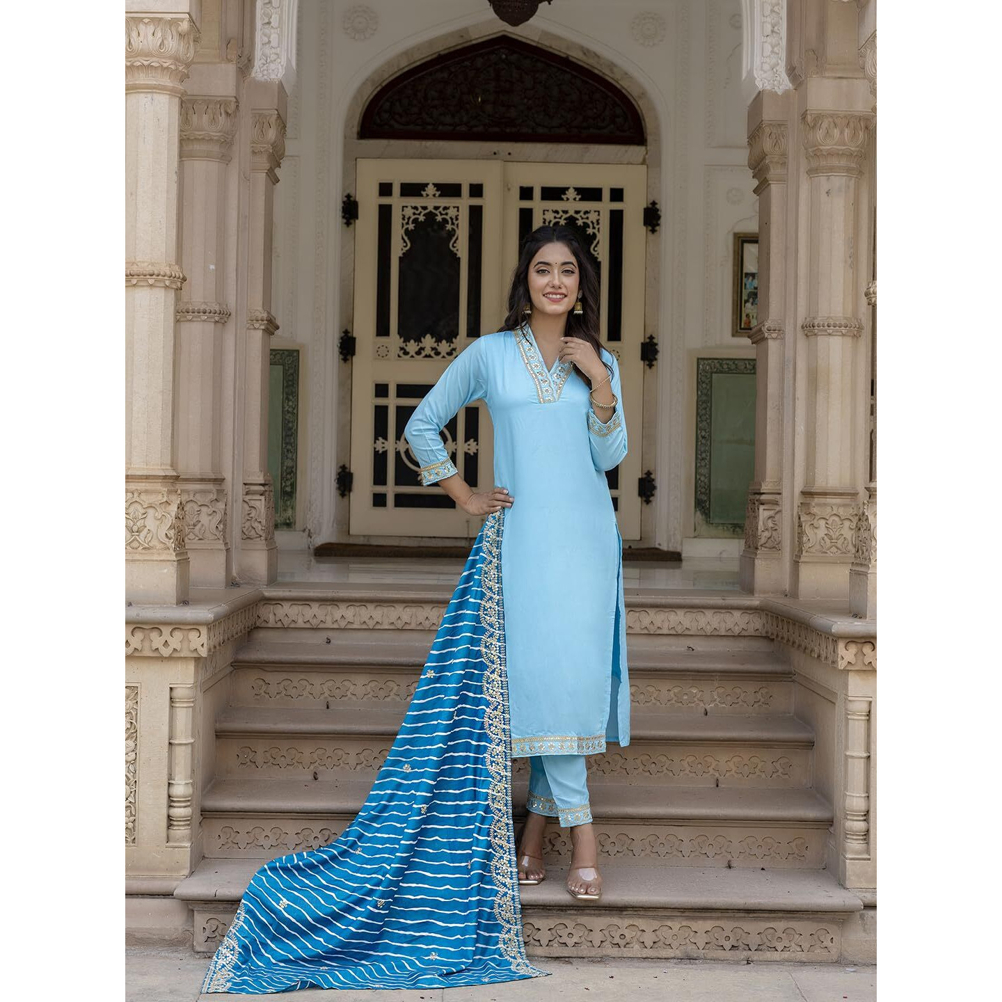 Navlik Women's Sky Viscose Embroidered Straight Kurta with BSY Viscose Pant and Silk Blend Laced Dupatta Sets (NK2-450-Sky-S)