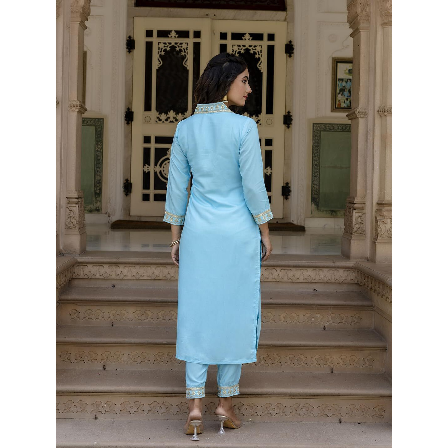 Navlik Women's Sky Viscose Embroidered Straight Kurta with BSY Viscose Pant and Silk Blend Laced Dupatta Sets (NK2-450-Sky-S)