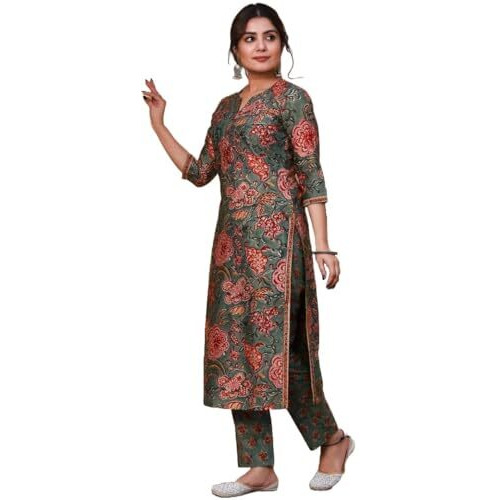 LookMark Women's Latest Printed Cotton Blend Straight Kurta and Pant Set (AZ-LM-OG1-KS2159-L) Multicolour