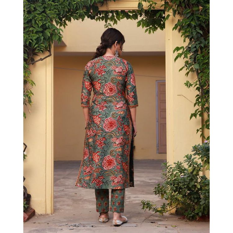 LookMark Women's Latest Printed Cotton Blend Straight Kurta and Pant Set (AZ-LM-OG1-KS2159-L) Multicolour