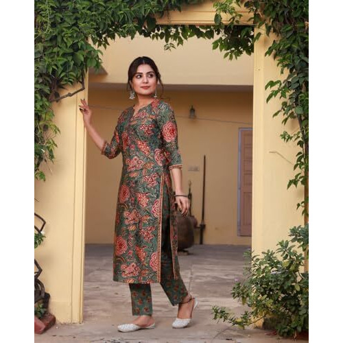LookMark Women's Latest Printed Cotton Blend Straight Kurta and Pant Set (AZ-LM-OG1-KS2159-L) Multicolour