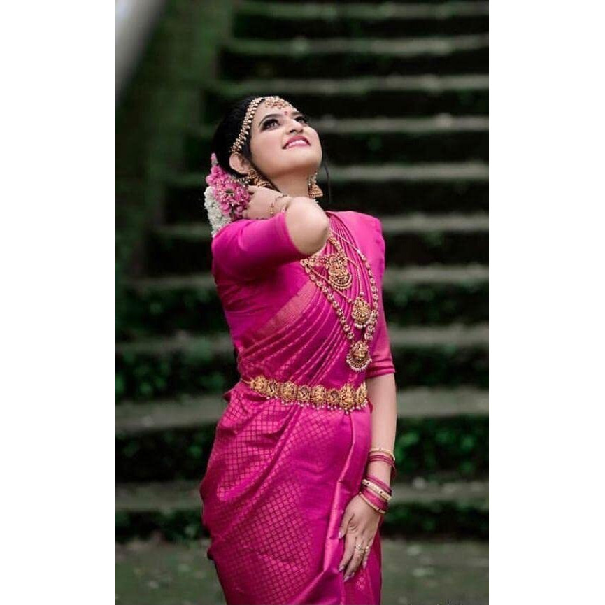 Flosive Women's Present Banarasi Soft Lichi Silk Saree Beautiful Jacquard Rich Pallu Design Work Zari Woven Kanjivaram Silk Style Saree 4533 With Soft Lichi Silk Blouse Piece (Pink)