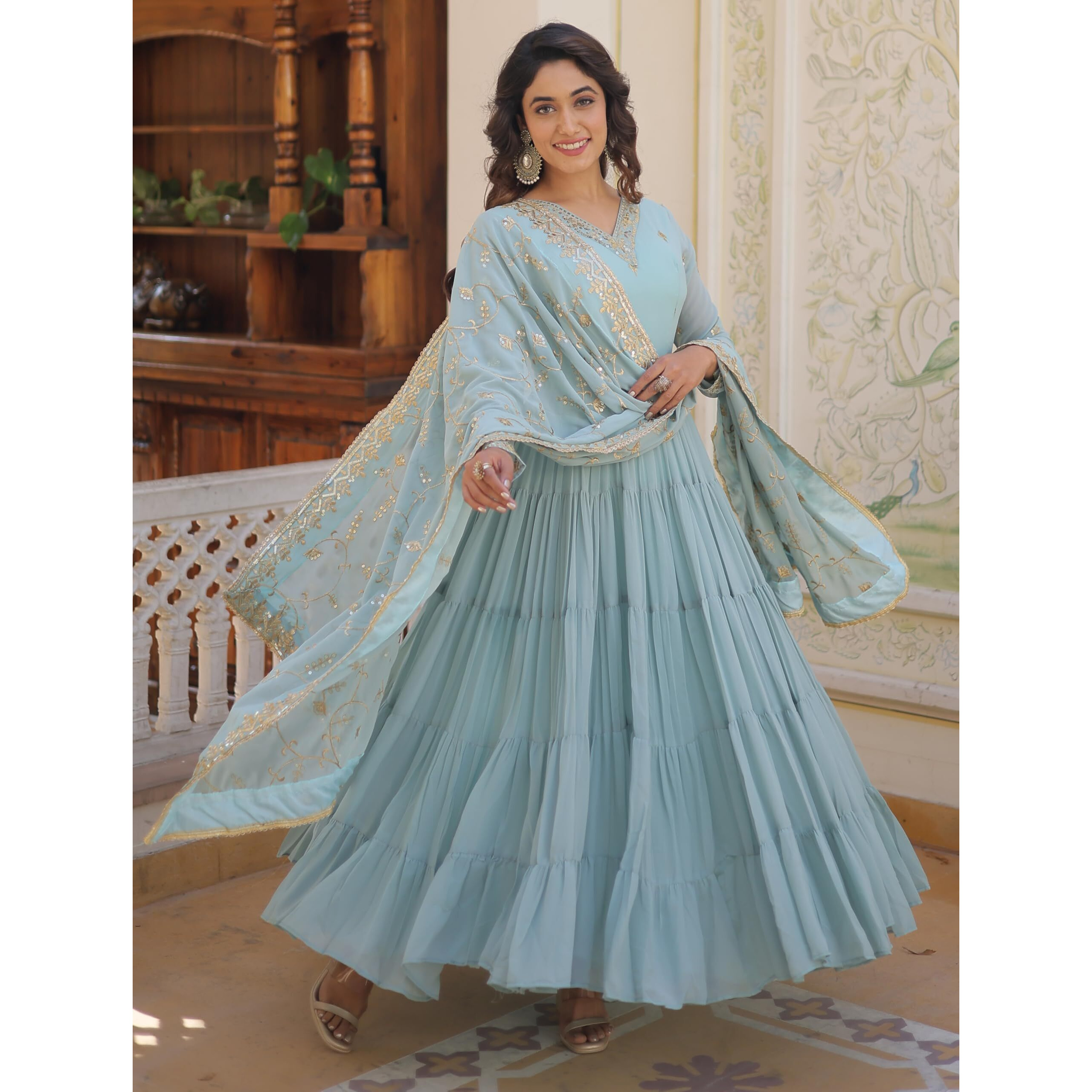 Fashion Basket Women's Georgette Anarkali kurta set & Duptta For Women (Sky Blue, L)