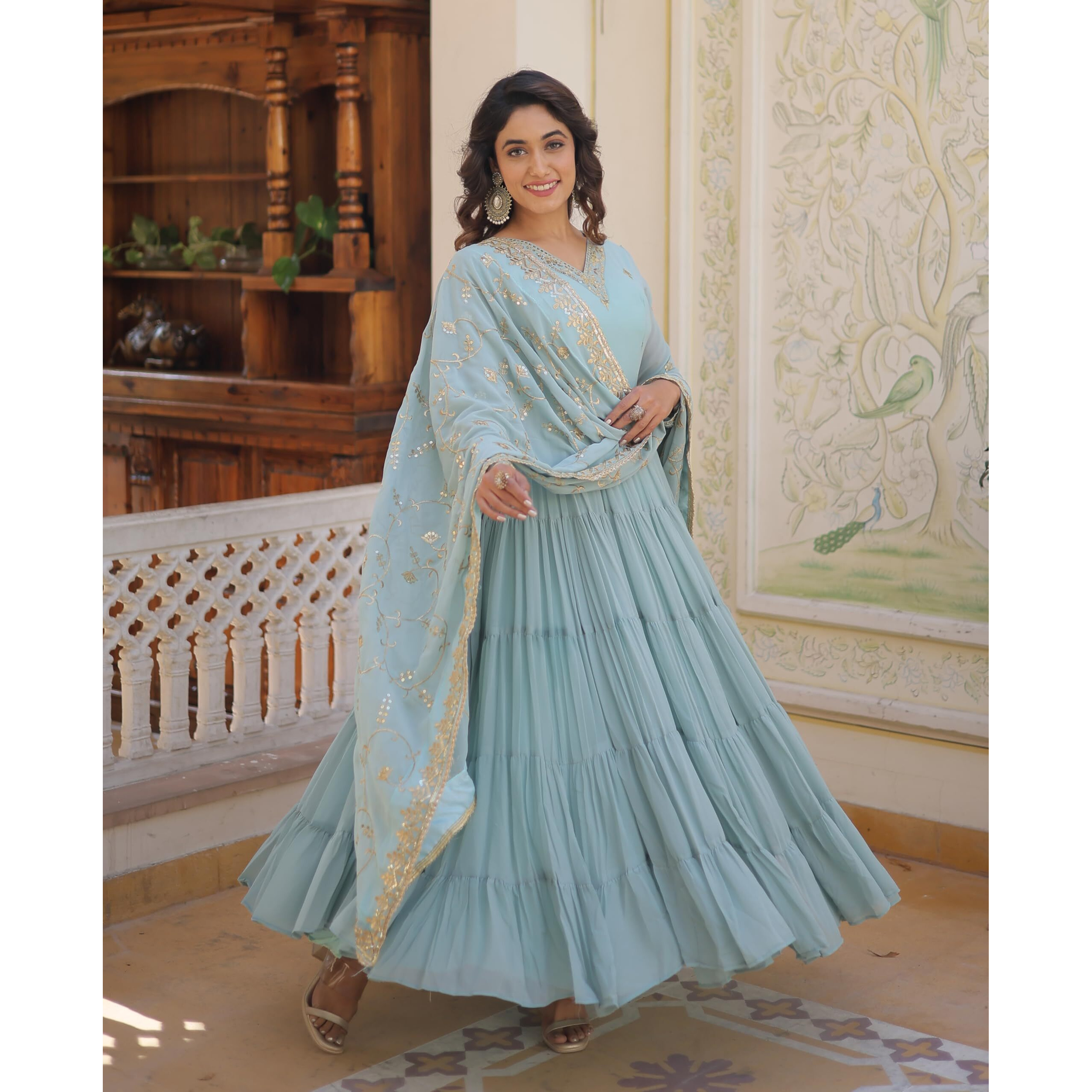 Fashion Basket Women's Georgette Anarkali kurta set & Duptta For Women (Sky Blue, L)