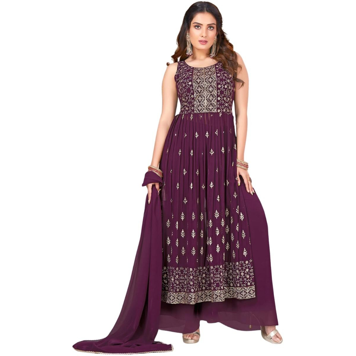 Xomantic Fashion Womens Wine Color Georgette Nyra Cut Kurta Plazzo Set with Dupatta (X-Small, Wine)