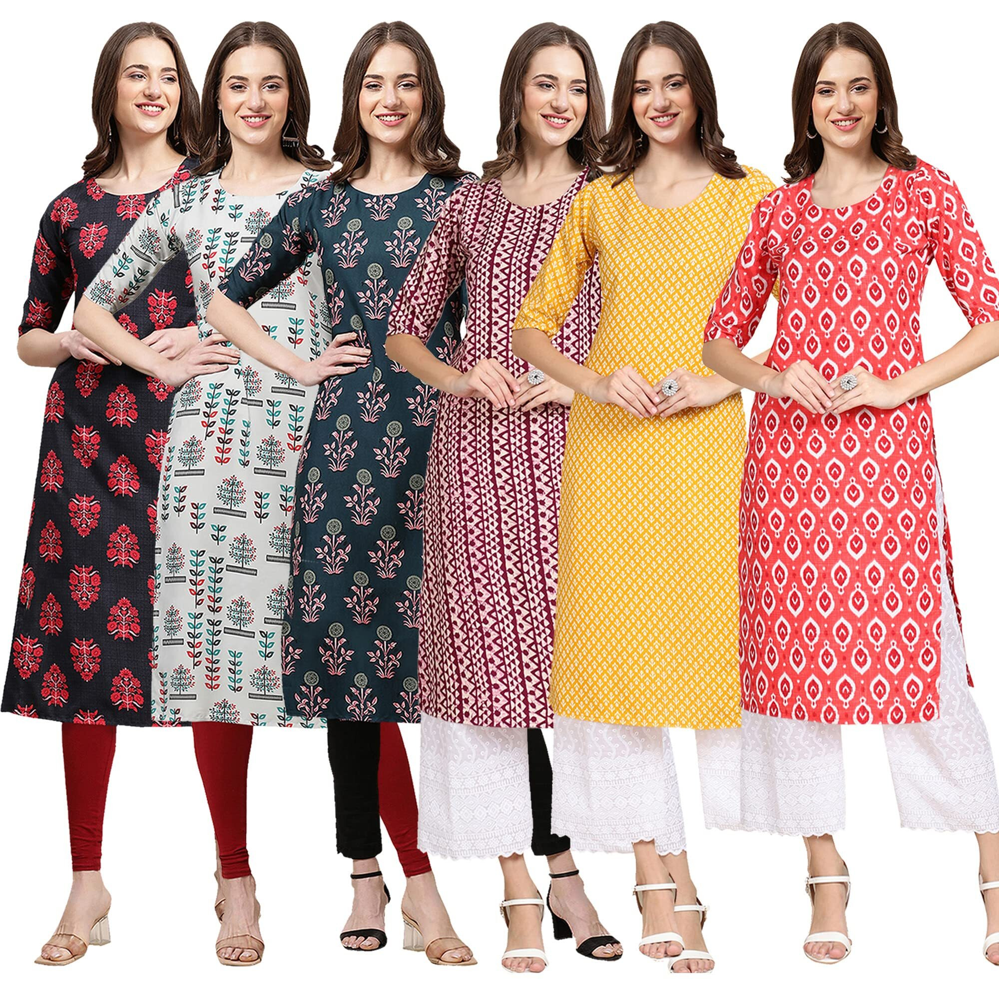 Pinkmint Women's Crepe Digital Print Straight Kurta [Pack of 6] (MJ-345-340-335-347-350-346-L)