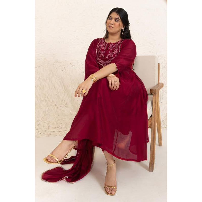Janasya Women's Plus Size Red Chanderi Embellished Kurta with Palazzo and Dupatta (PSET839-KR-PP-N-3XL)