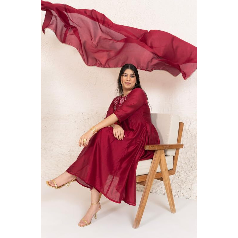 Janasya Women's Plus Size Red Chanderi Embellished Kurta with Palazzo and Dupatta (PSET839-KR-PP-N-3XL)