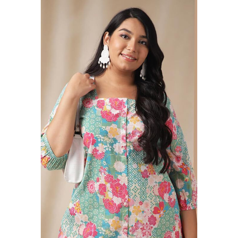 Janasya Women's Plus Size Multicolor Cotton Ethnic Motifs A-Line Co-ord Set(XLA24CD00298-XL)
