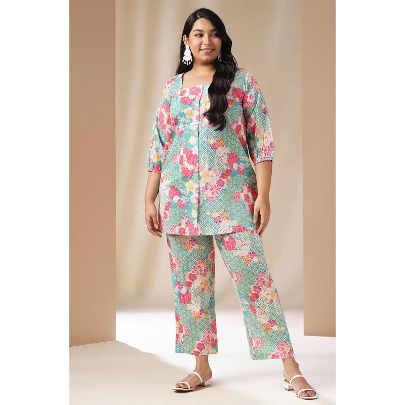 Janasya Women's Plus Size Multicolor Cotton Ethnic Motifs A-Line Co-ord Set(XLA24CD00298-XL)