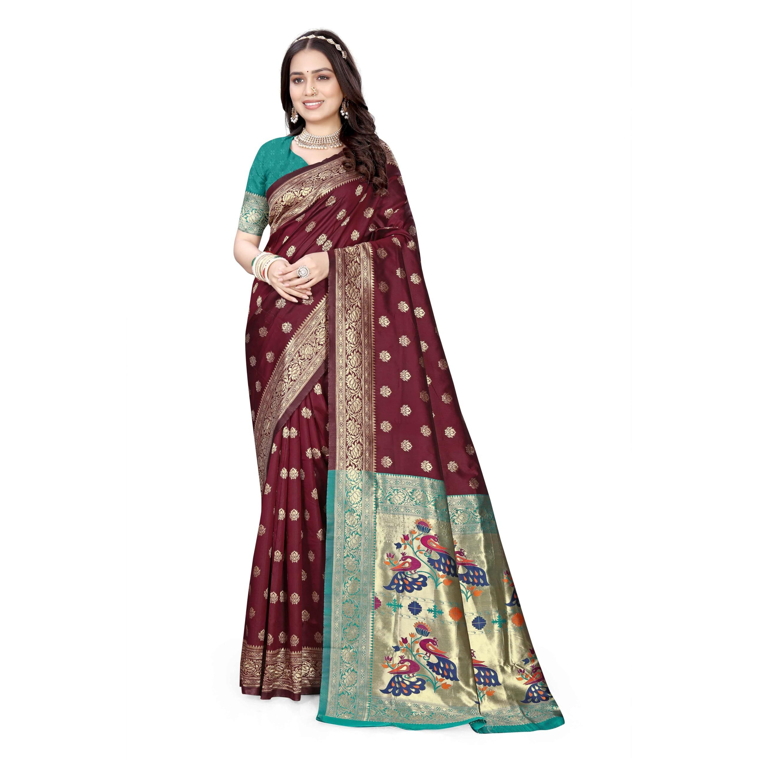 Sugathari Women's Banarasi Saree Pure Paithani Kanjivaram Silk Soft new ladies 2024 Design Wear Pattu Sarees Latest Cotton Party Sari collections With Blouse Piece for Wedding sadi (PARI-205 MAROON)