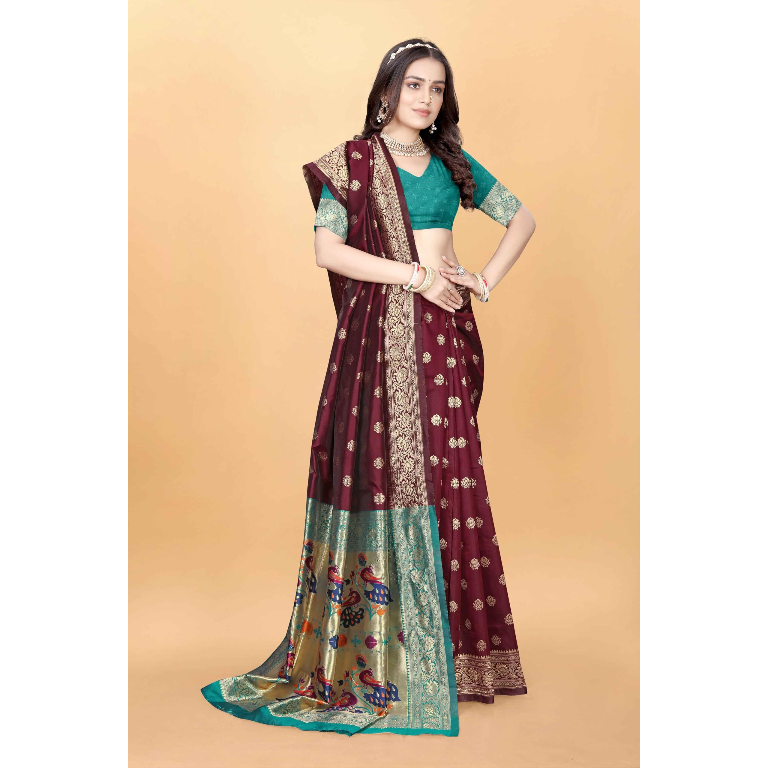 Sugathari Women's Banarasi Saree Pure Paithani Kanjivaram Silk Soft new ladies 2024 Design Wear Pattu Sarees Latest Cotton Party Sari collections With Blouse Piece for Wedding sadi (PARI-205 MAROON)