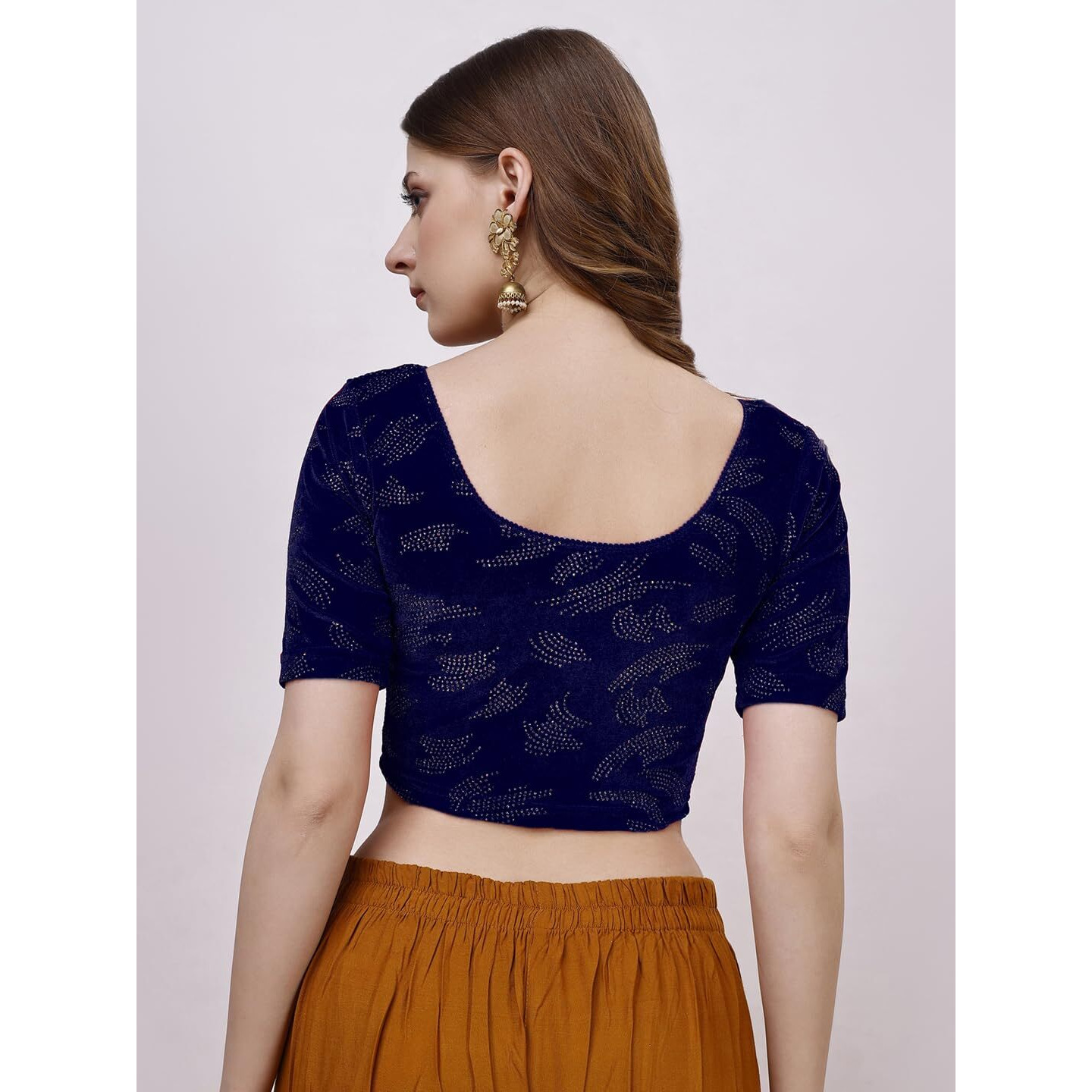 Vihu Fashion Women's Readymade Hosiery Velvet Lycra Stretchable Round Neck Half Sleeve Blouse Fancy Navy Blue Color Lycra Stretchable Blouse for Women Readymade Saree Blouse