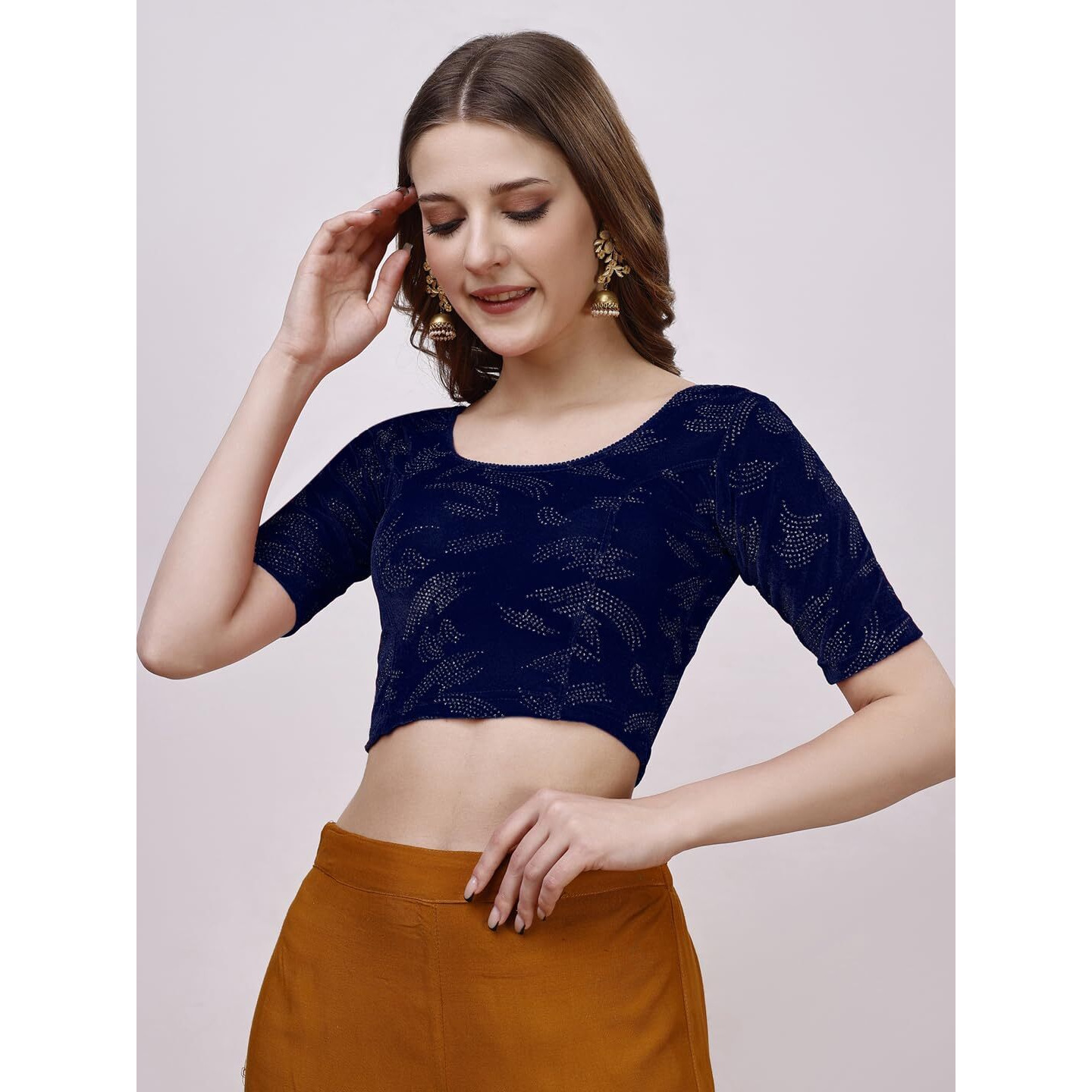 Vihu Fashion Women's Readymade Hosiery Velvet Lycra Stretchable Round Neck Half Sleeve Blouse Fancy Navy Blue Color Lycra Stretchable Blouse for Women Readymade Saree Blouse