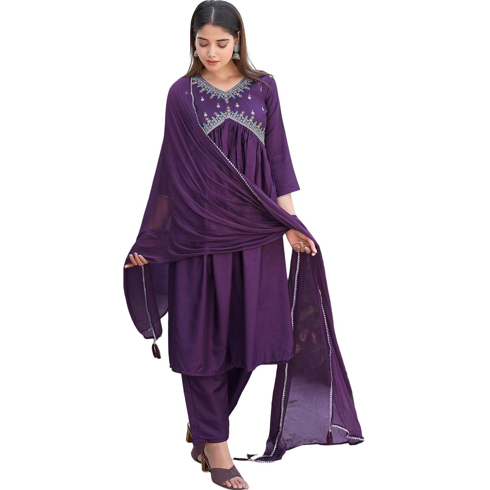 Sanisa Women's Art Silk Sequence Embroidery Work Alia Cut Kurta with Pant and Dupatta Set| Ethnic Set | Suit Set | Kurta Set(163KBD1758N-XL_Dark Purple)