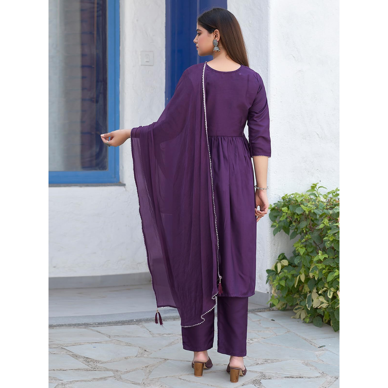 Sanisa Women's Art Silk Sequence Embroidery Work Alia Cut Kurta with Pant and Dupatta Set| Ethnic Set | Suit Set | Kurta Set(163KBD1758N-XL_Dark Purple)