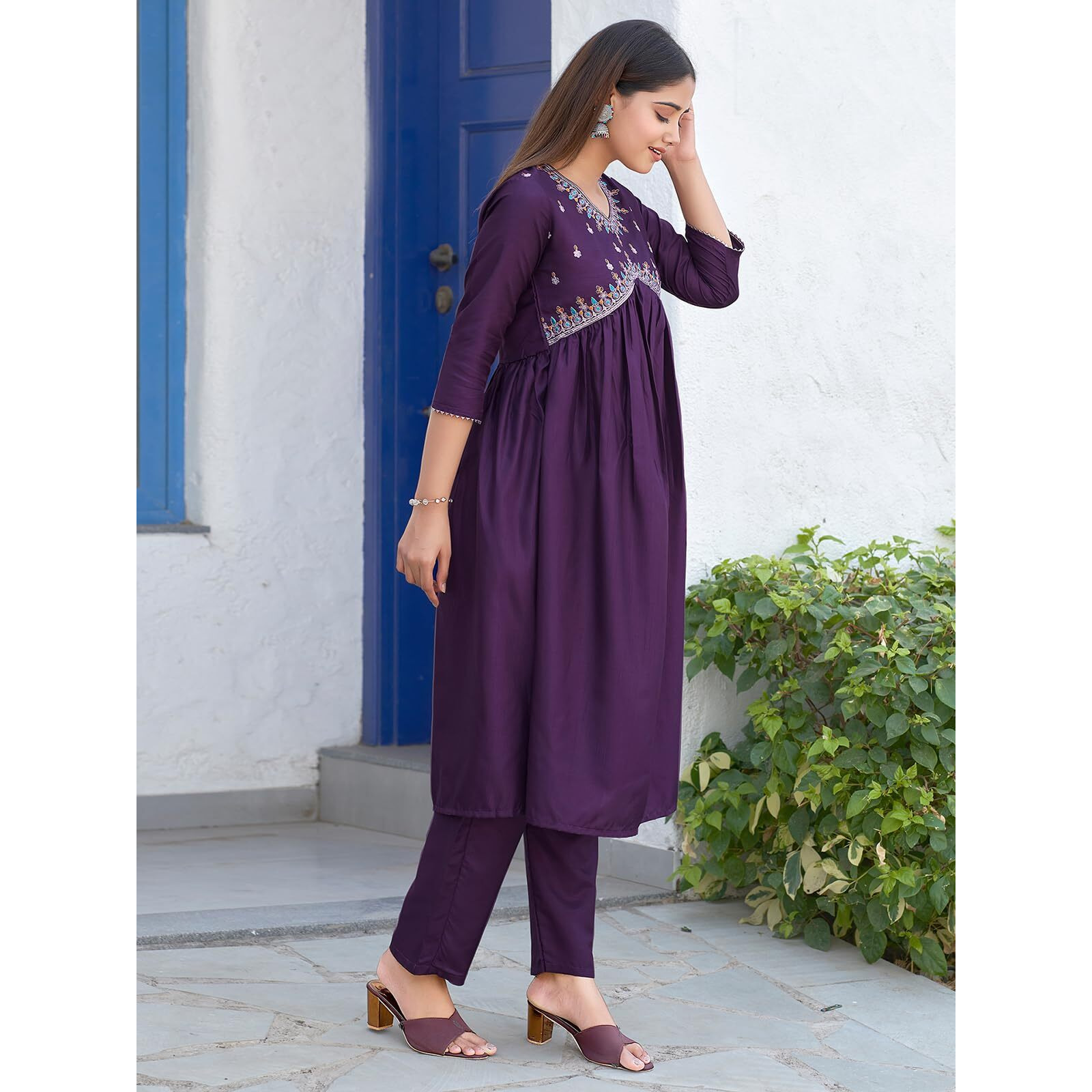 Sanisa Women's Art Silk Sequence Embroidery Work Alia Cut Kurta with Pant and Dupatta Set| Ethnic Set | Suit Set | Kurta Set(163KBD1758N-XL_Dark Purple)