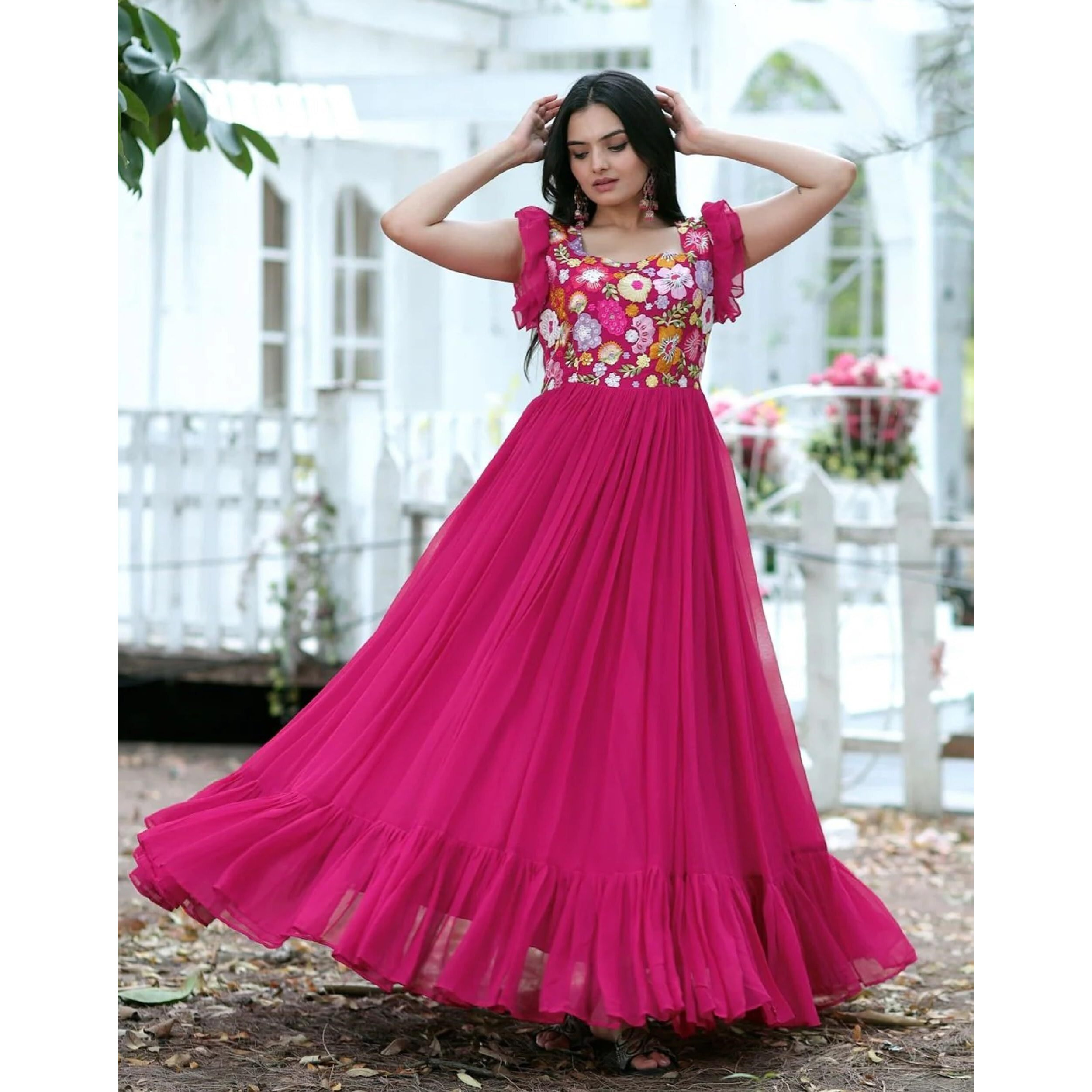 LAZZLY Traditional Ethnic Sequence Anarakli Full Length and Stitch Embroidery Work Made with Pure Georgette Gown for Stylish Women (X-Large, Pink)