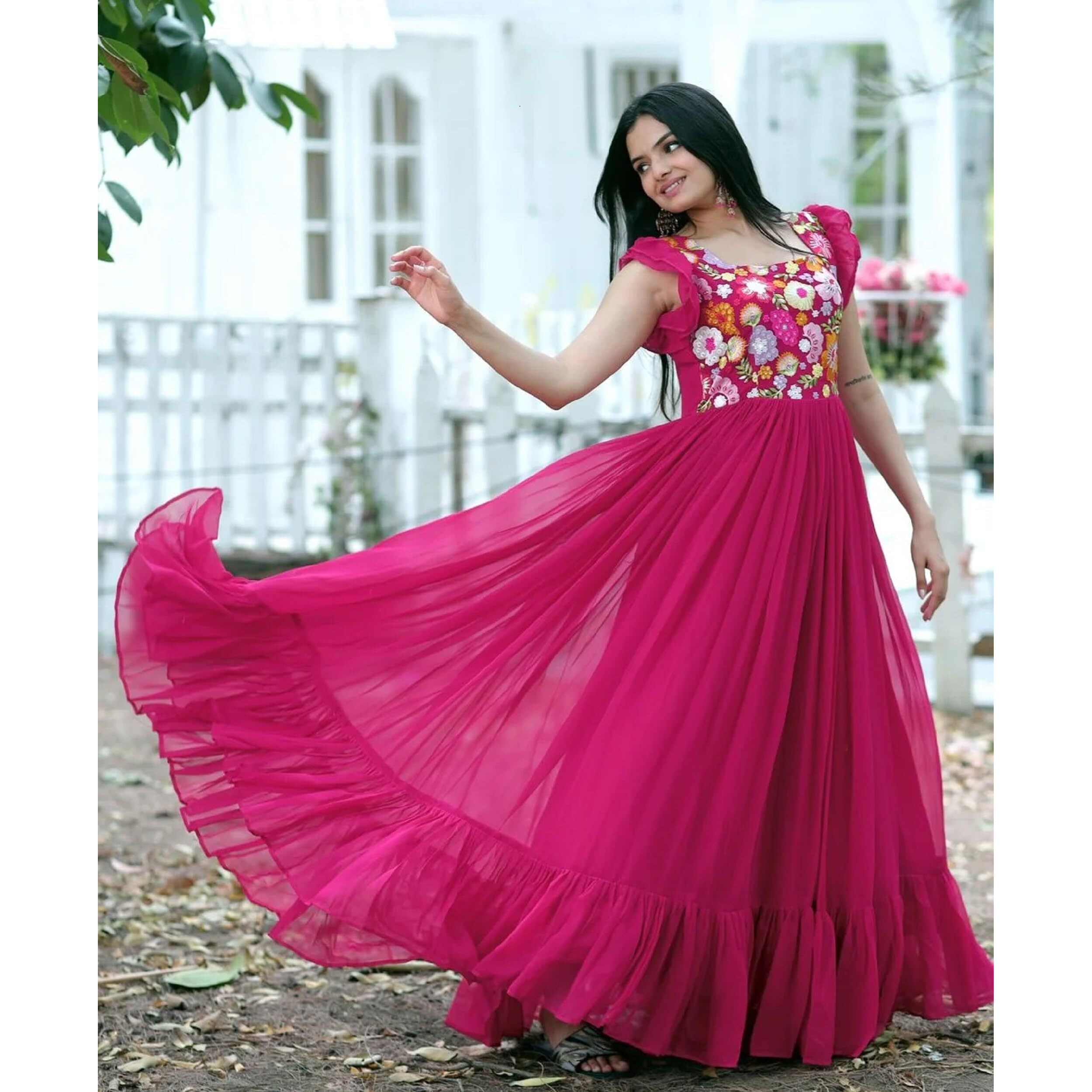 LAZZLY Traditional Ethnic Sequence Anarakli Full Length and Stitch Embroidery Work Made with Pure Georgette Gown for Stylish Women (X-Large, Pink)