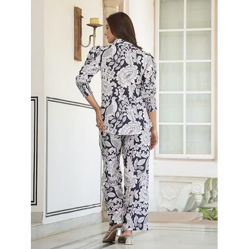 GRECIILOOKS Women's Rayon Printed Classic Kurta Set (GL-W2176&TR1142_Black_L)