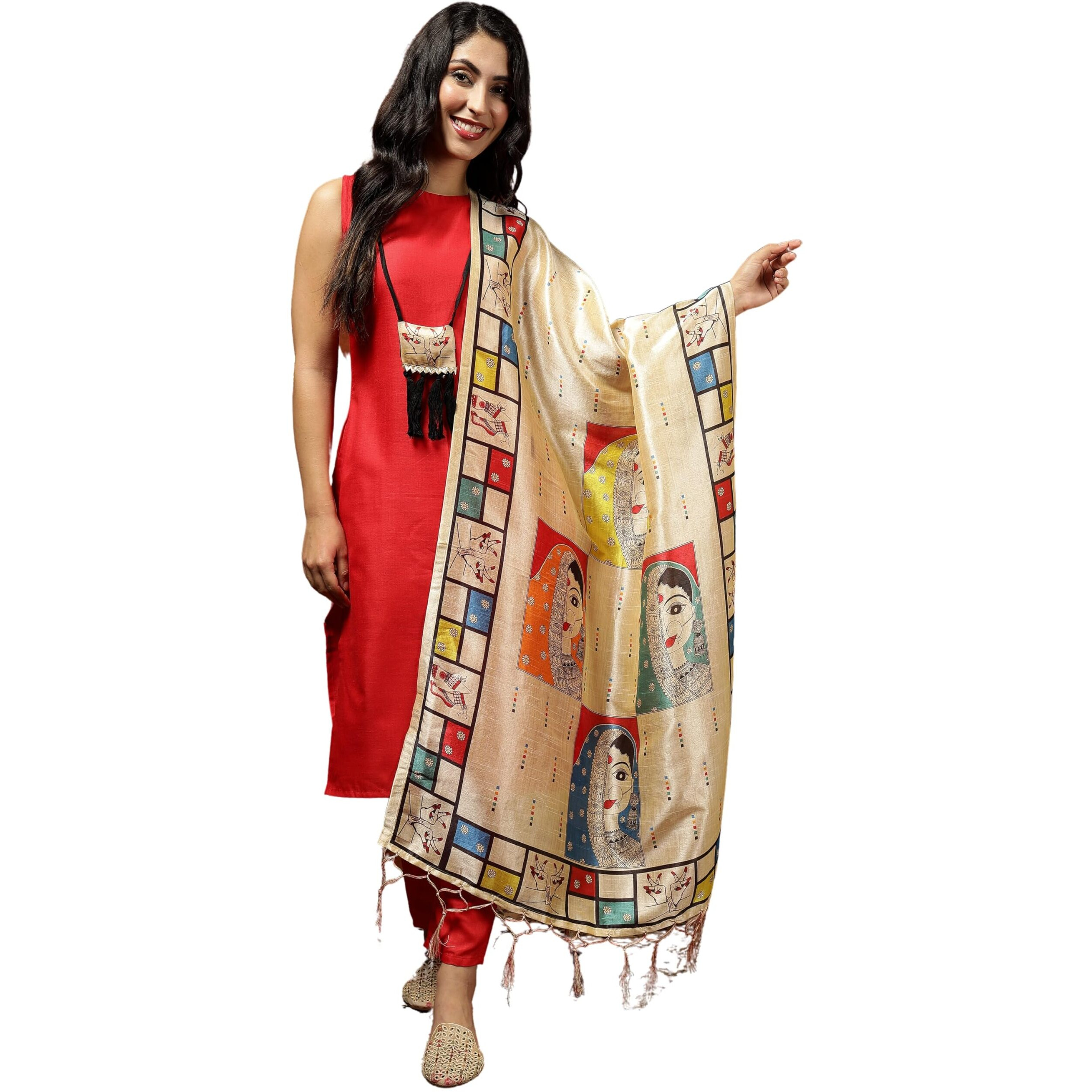 Youthnic Women's Cotton Blend Kurta with Attached Neck Piece Pant and Digital Print Dupatta Red
