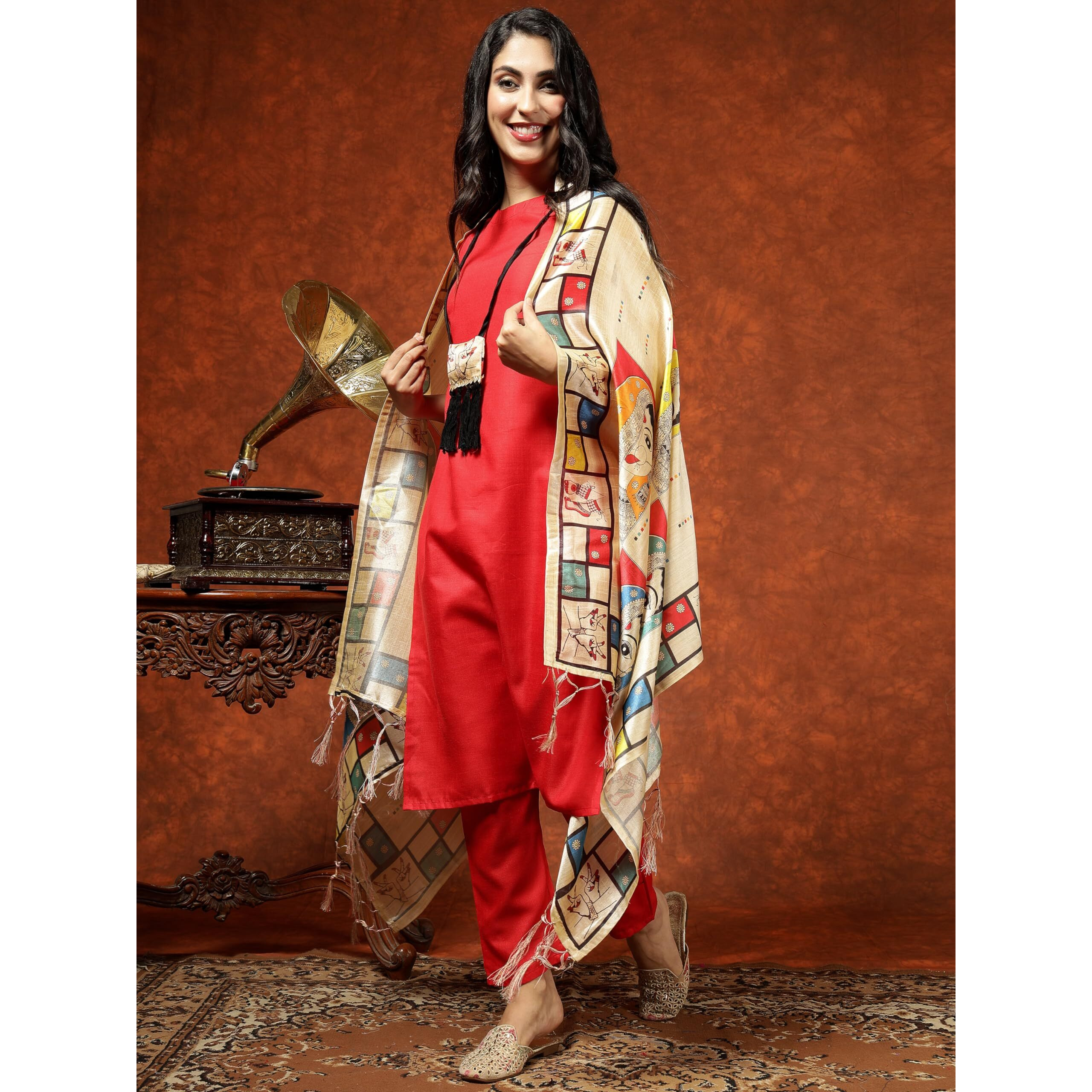 Youthnic Women's Cotton Blend Kurta with Attached Neck Piece Pant and Digital Print Dupatta Red