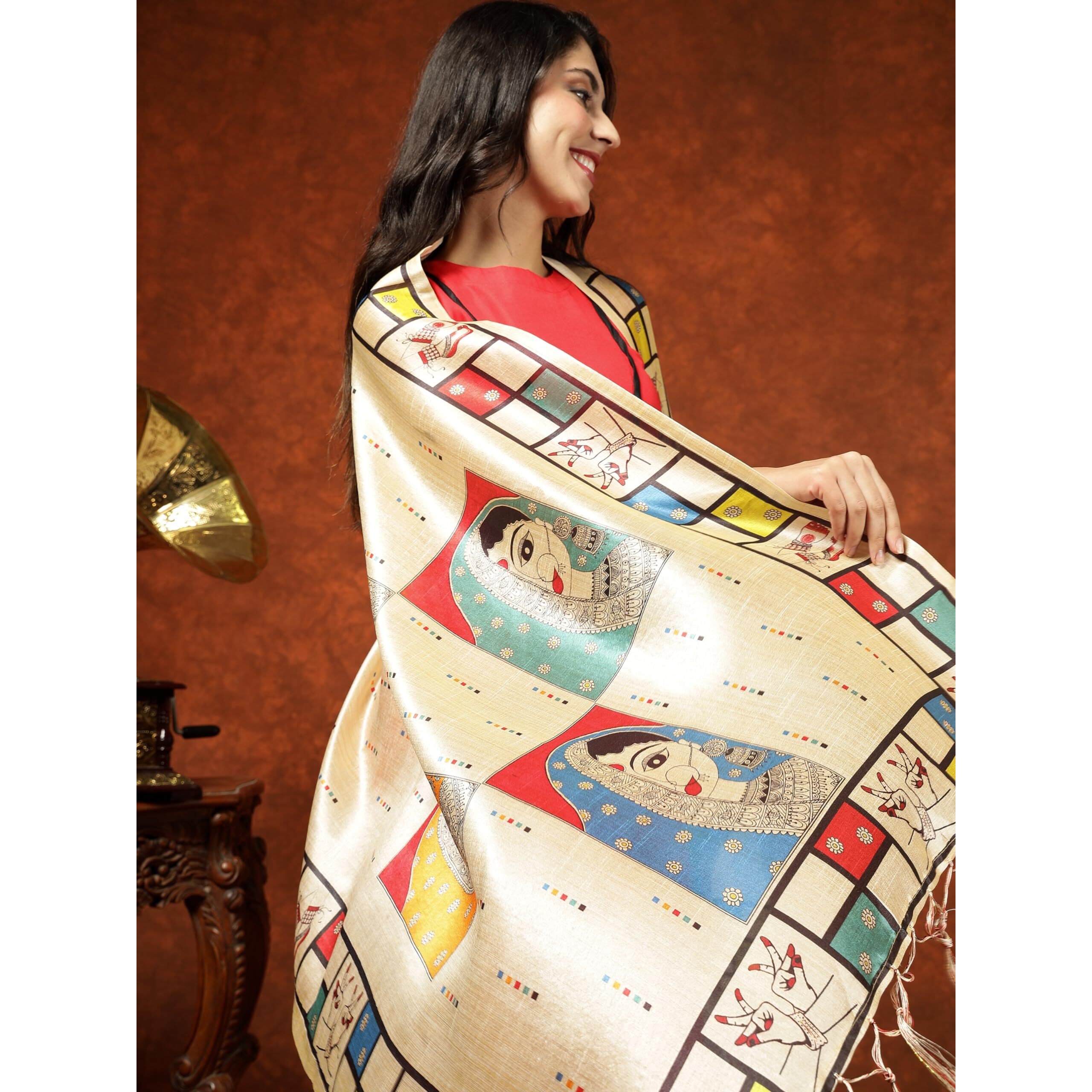 Youthnic Women's Cotton Blend Kurta with Attached Neck Piece Pant and Digital Print Dupatta Red
