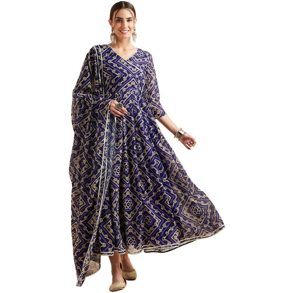 PANIT Blue Bandhani Angrakha Ethnic Dress with Dupatta