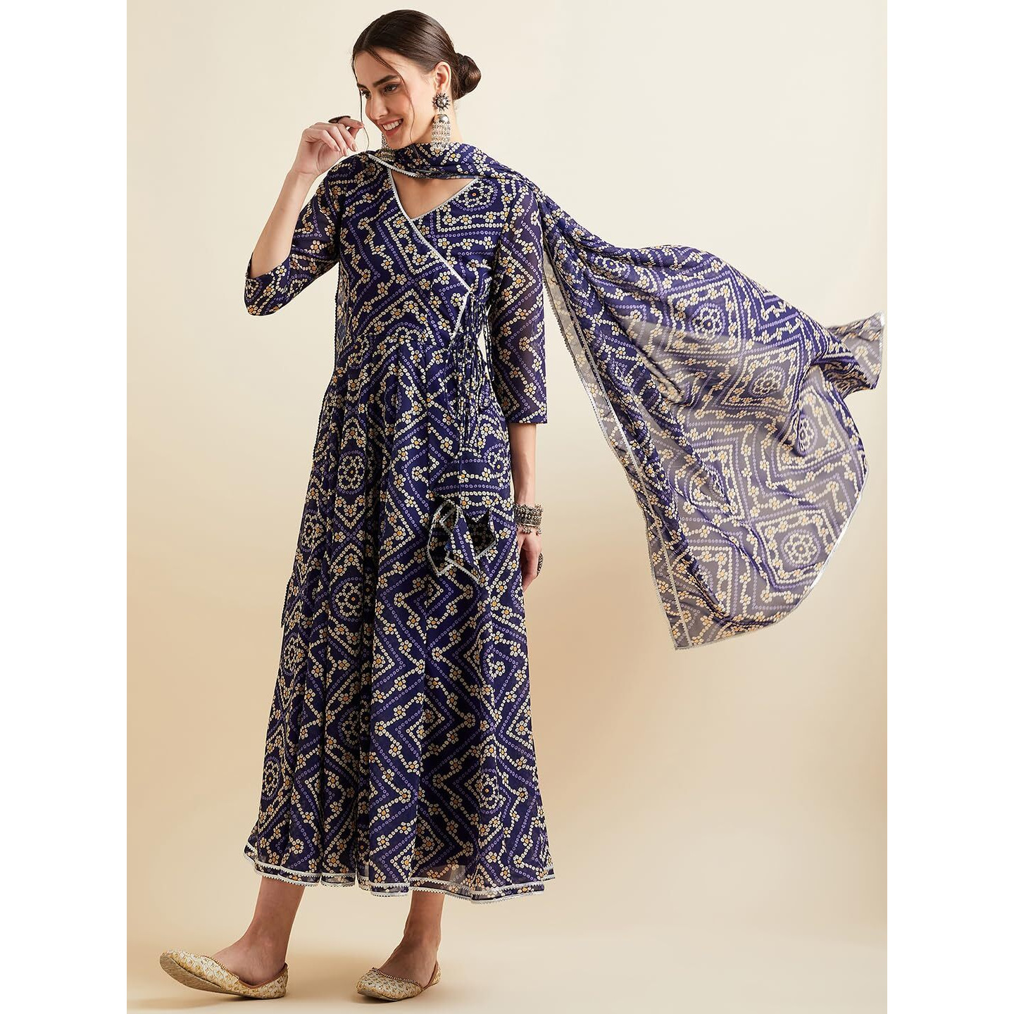 PANIT Blue Bandhani Angrakha Ethnic Dress with Dupatta