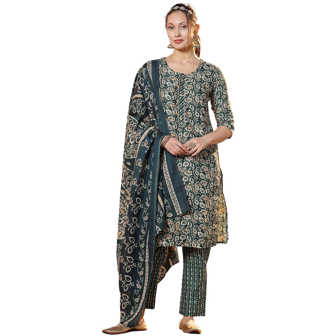 Stylum Women's Floral Printed Cotton Blend Straight Kurta Pant Dupatta Set (KPDTIGERGREEN38_Dark Green, M)