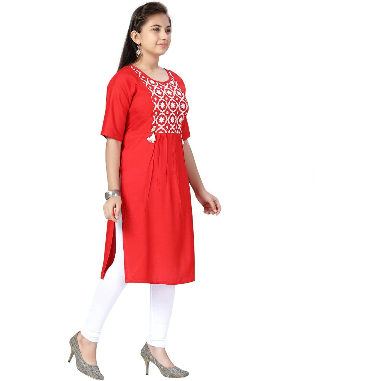 muhuratam Girl's Cotton Regular Tunic Shirt (Kurti-H-6_Red_36)